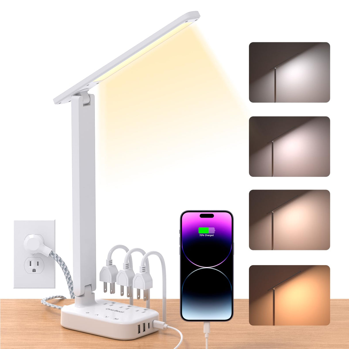 Power Strip with LED Desk Lamp, 3 Outlets 4 USB Ports(2 USBC) 4 Modes 5 Level Touch Lamp Small Desk Lamp for Home Office Bedroom Bedside, Study Reading Light, 5ft Extension Cord, Dorm Room Essentials One Beat