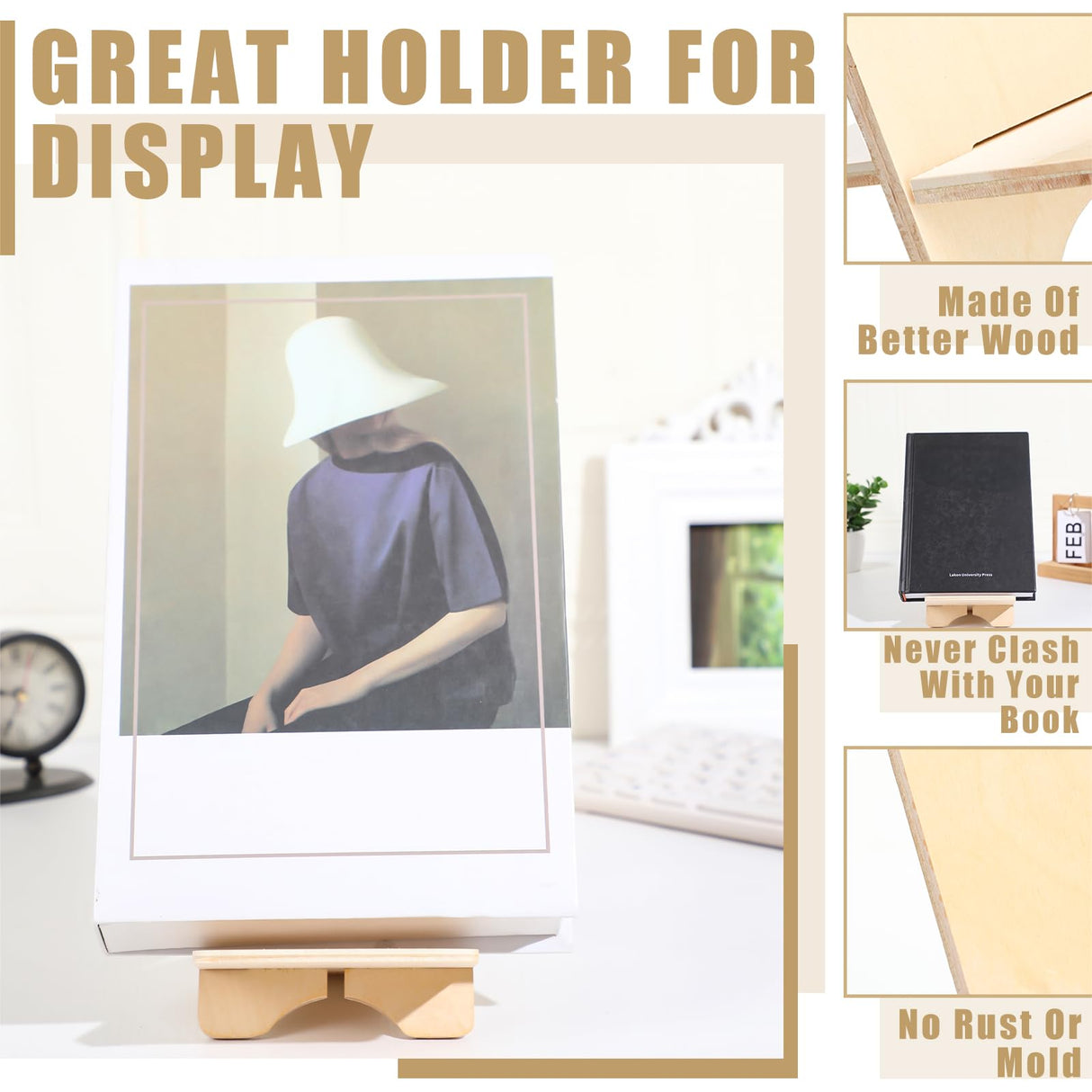 Memorywuu 4 Pack Wooden Book Stand for Display Book Holder Easel Stand Collector Display Back to School Gift for Home Office Album CD Magazine Comic Postcard Picture Artworks Memorywuu