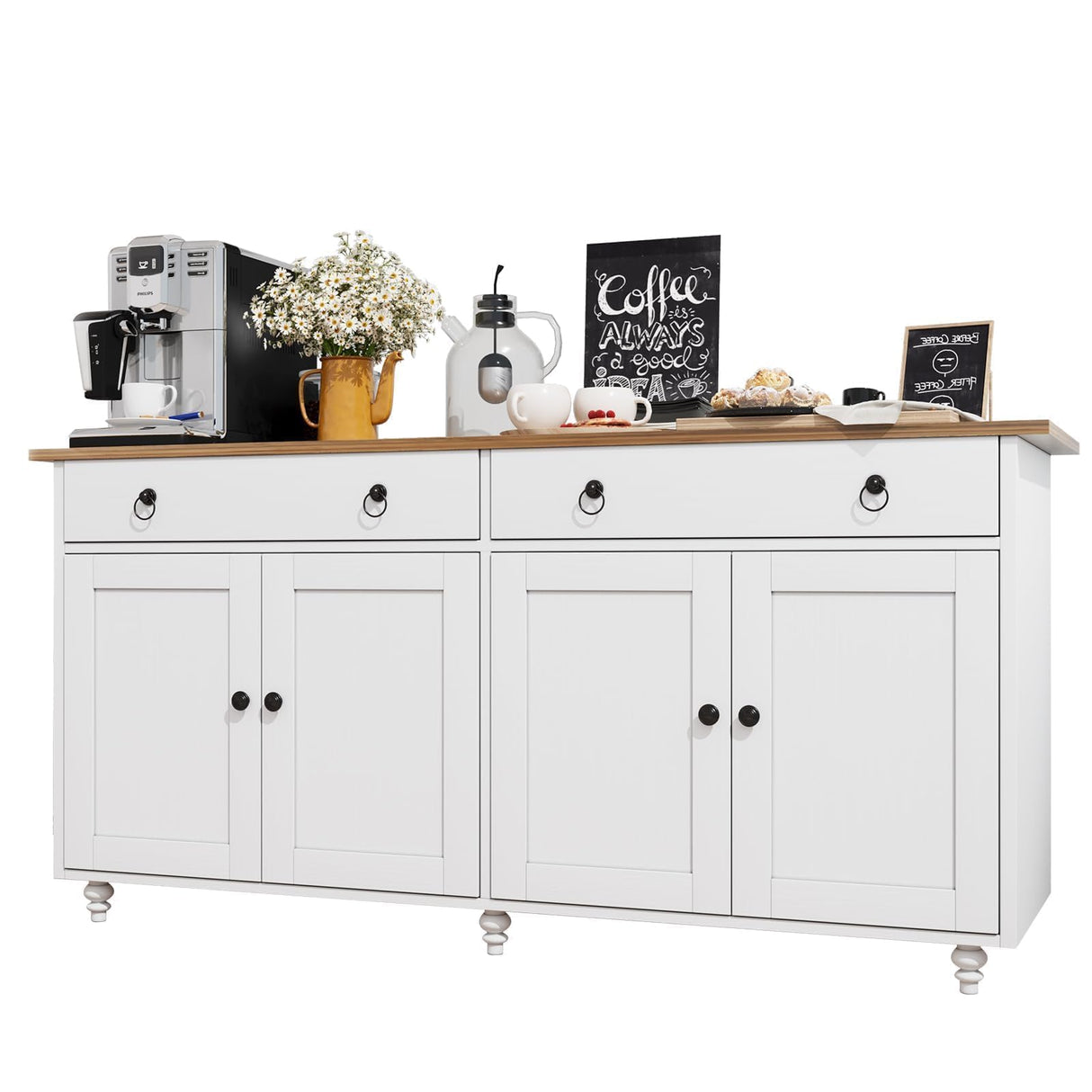 4 EVER WINNER Buffet Cabinet with Storage, 55" Sideboard Buffet Cabinet with 2 Drawers and 4 Doors, Modern Farmhouse Coffee Bar Cabinets, Wood Buffet Table for Kitchen, Dining Room, White 4 EVER WINNER