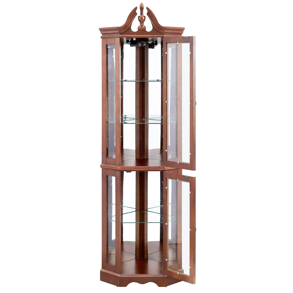 Royard Oaktree Lighted Curio Cabinet with Curved Top Finial, Wooden Corner Display Cabinet with Adjustable Tempered Glass Shelves, Retro Storage Cabinet with Mirrored Back & Tempered Glass Doors Royard Oaktree