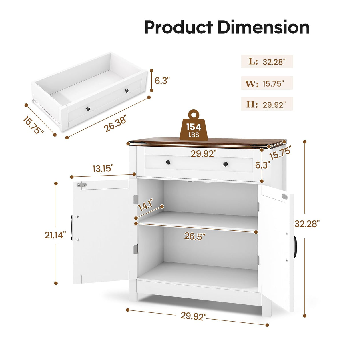 GRUSIGN 30" Coffee Bar Station, Kitchen Sideboard Buffet Cabinet with a Drawer and Adjustable Shelf, Modern Farmhouse Storage Cabinet for Kitchen, Living Room, Entryway, White GRUSIGN
