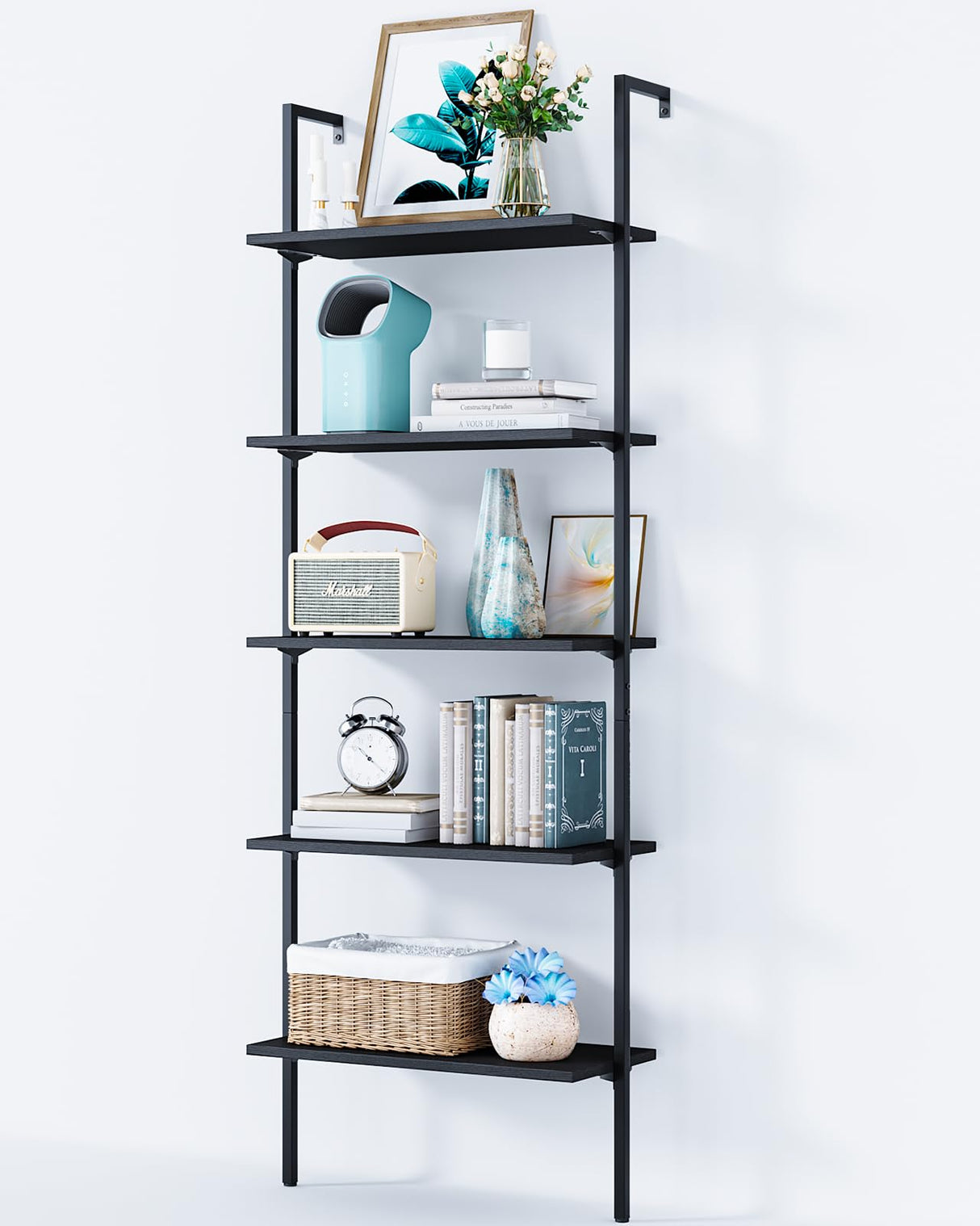 ODK 5-Tier Ladder Shelf, 74 Inches Wall Mounted Ladder Bookshelf with Metal Frame, Open Industrial Shelves for Home Office, Bedroom and Living Room, Black ODK
