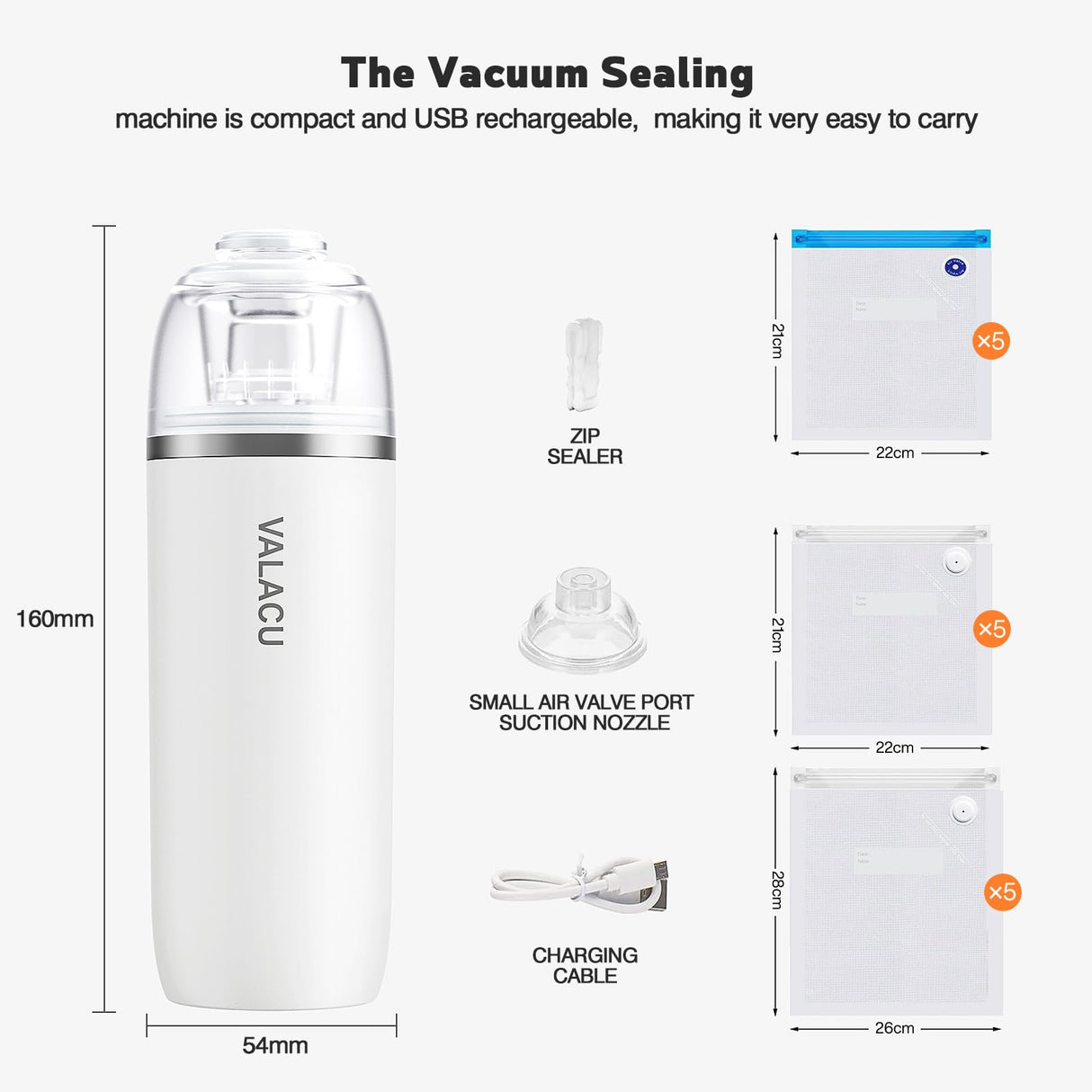 Vacuum Sealer for Food, Food Saver Vacuum Sealer Machine,Bag Sealer Comes with 15 Reusable Food Bags, HandHeld Food Sealer Vacuum Sealer for Sealing Meats Vegetables Fruits and Food with Liquid VALACU