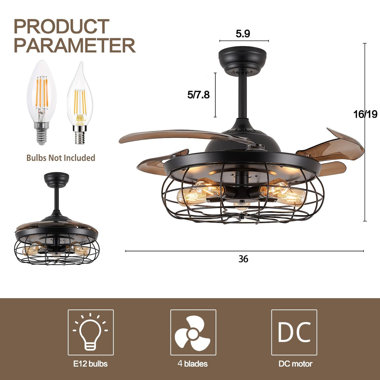 DuMaiWay 36" Caged Ceiling Fan with Lights, Industrial Retro Ceiling Fans with Remote Controller Vintage Style for Farmhouse/Living Room/Bedroom/Restaurant 5 Lights 4 Fan Blades Black DuMaiWay
