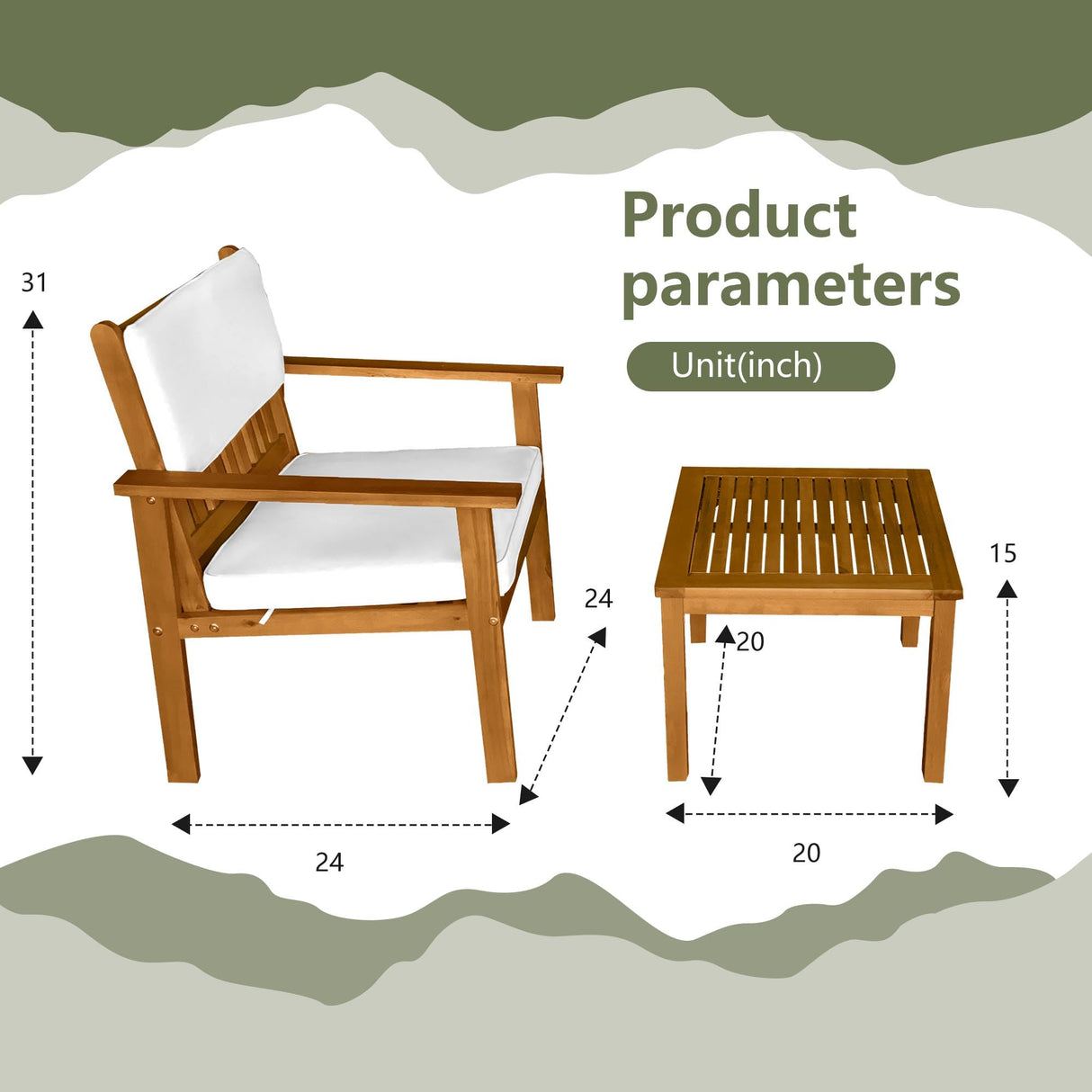 PayLessHere 3 Pieces Acacia Wood Patio Bistro Set with Water Resistant Cushions and Coffee Table for Backyard Garden Patio Furniture Outdoor Table Chair Set Outdoor Wood Chat Chairs Set PayLessHere