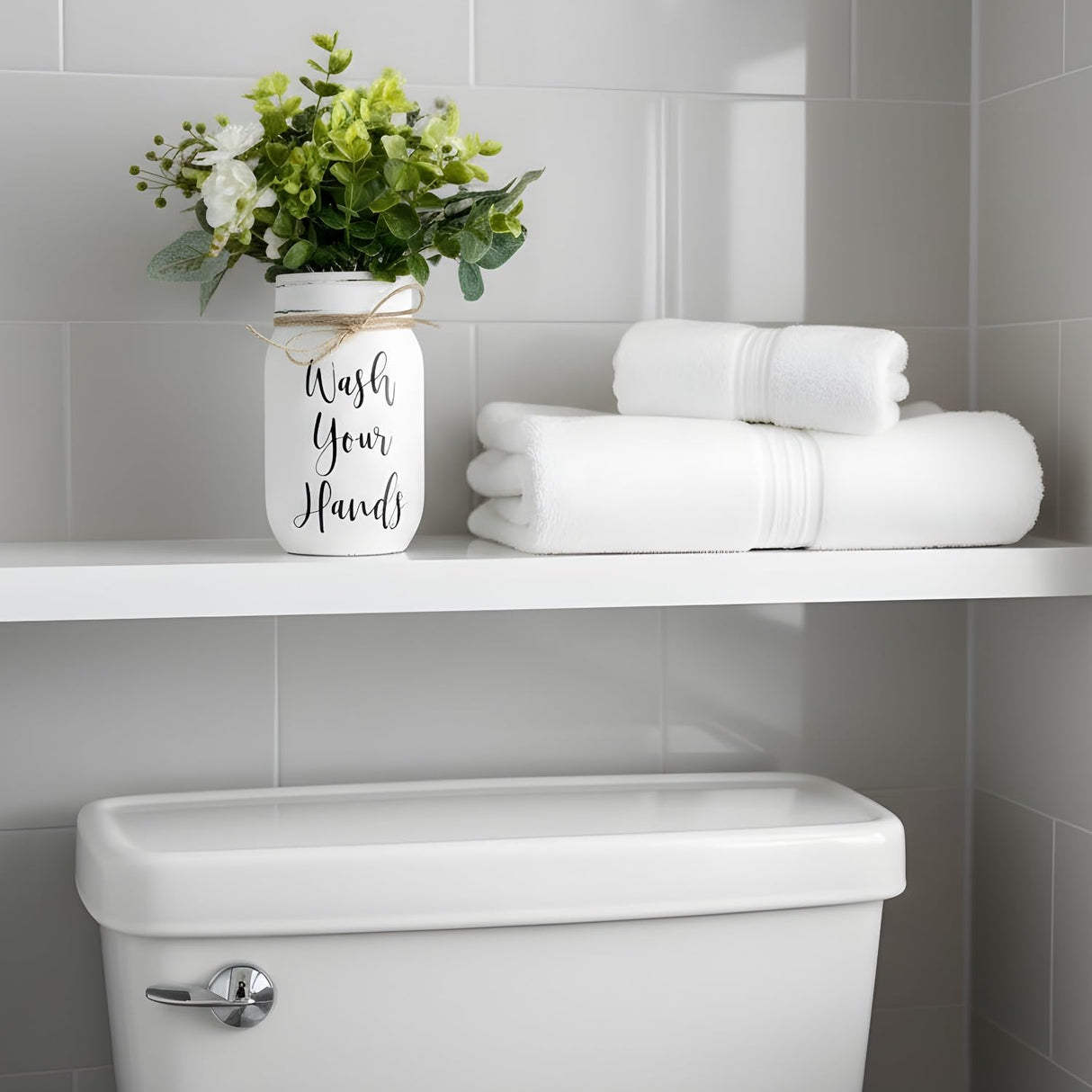 Wash Your Hands Mason Jar, Hand Painted and Distressed Mason Jar Decor, Pint 16 oz. Regular Mouth, Artificial Flower Arrangement for Bathroom, Rustic Farmhouse Bathroom Decor for Shelf Viva's Flower Shop