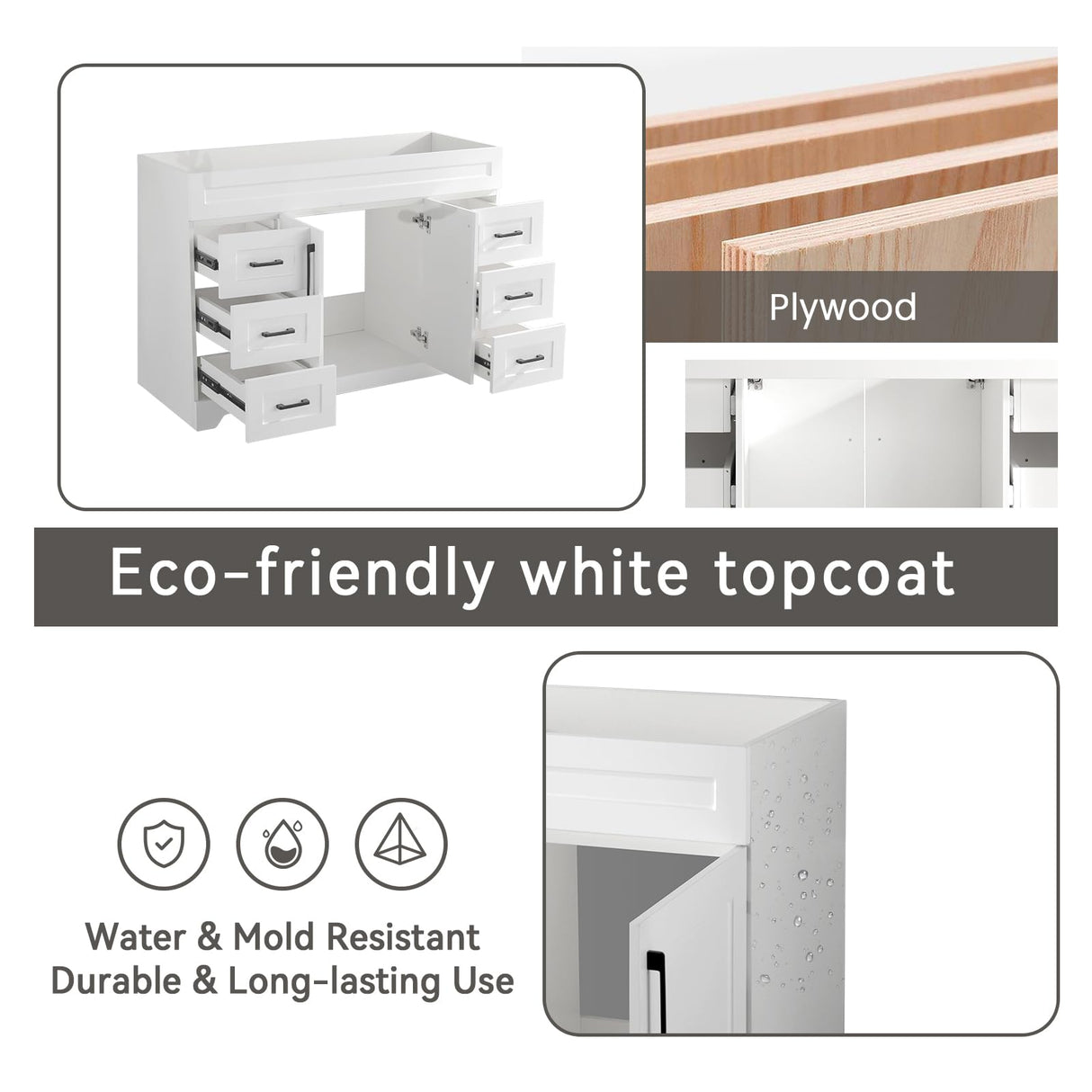 BUPWHEK 48” Bathroom Vanity Cabinet Without Sink, Modern White Bathroom Storage Cabinet with 2 Doors and 6 Drawers BUPWHEK