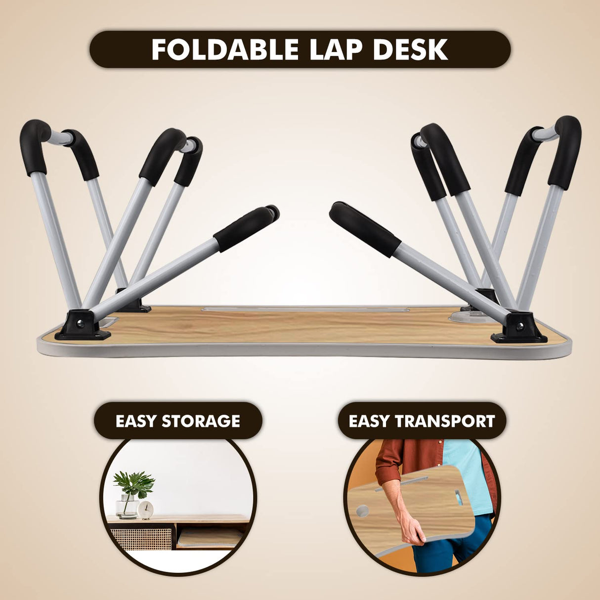 MAVOCRAFT Folding Lap Desk for Bed and Sofa - Portable Wide Surface Bed Desk with Built-in Cup Holder and Tablet or Phone Slot for Working, Studying, Eating, and Watching Movies (Wood) Mavo Craft