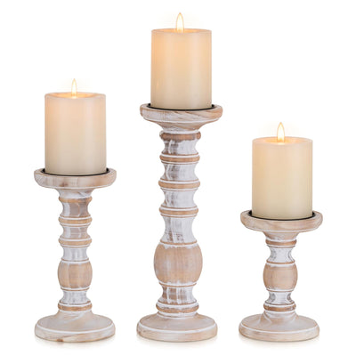 Wood Candle Holders for Pillar Candles: 3Pcs White Rustic Wood Candle Holders Distressed Wooden Farmhouse Candle Holders Rustic Candle Holder Tall Pillar Candle Holder Stand for Fireplace Table