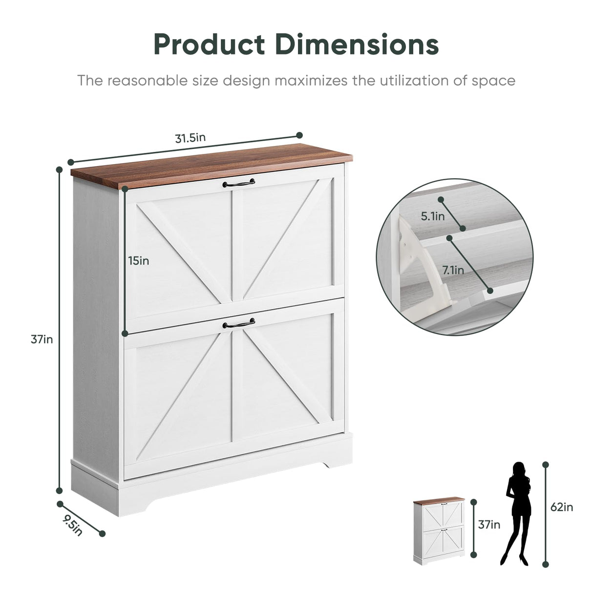 Smart FENDEE Shoe Storage Cabinet with 2 Flip Drawers, Narrow Entryway Organizer, Farmhouse Style with Wooden Feet, Slim Shoe Rack, White Smart FENDEE