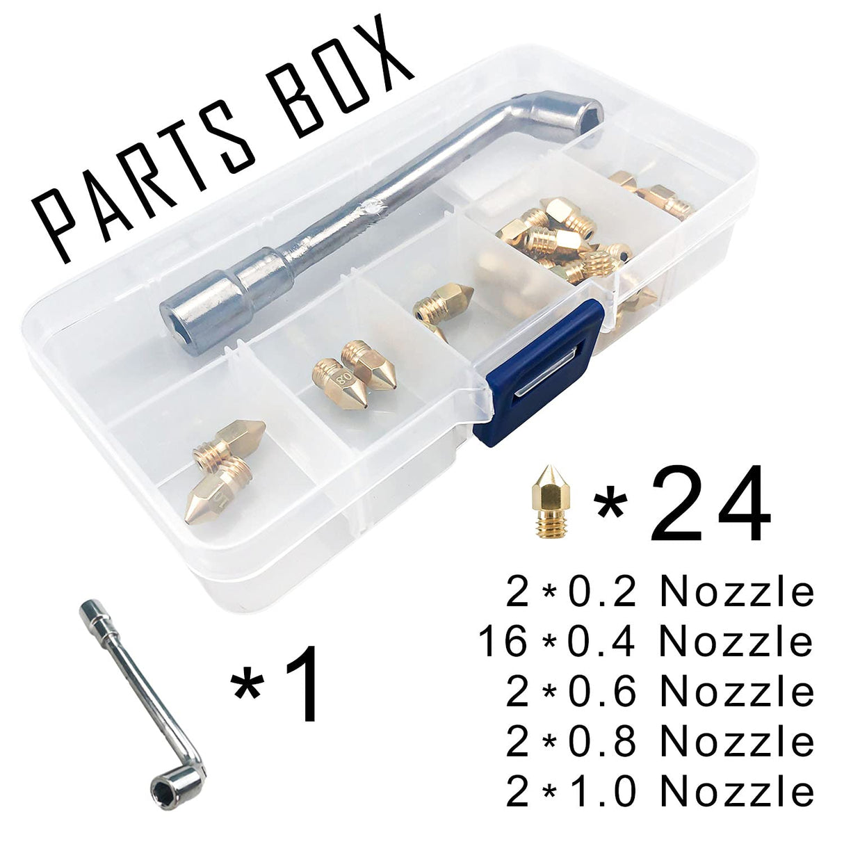XIFOWE MK8 Nozzles 24 pcs 3D Printer Extruders Brass Nozzles 0.2mm, 0.4mm,0.6mm, 0.8mm, 1.0mm CR-10 Nozzle with DIY Tools and Metal Storage Box for CR-8 / CR-10 / Ender 3 / Ender 3S / 5/6 and so on… XIFOWE