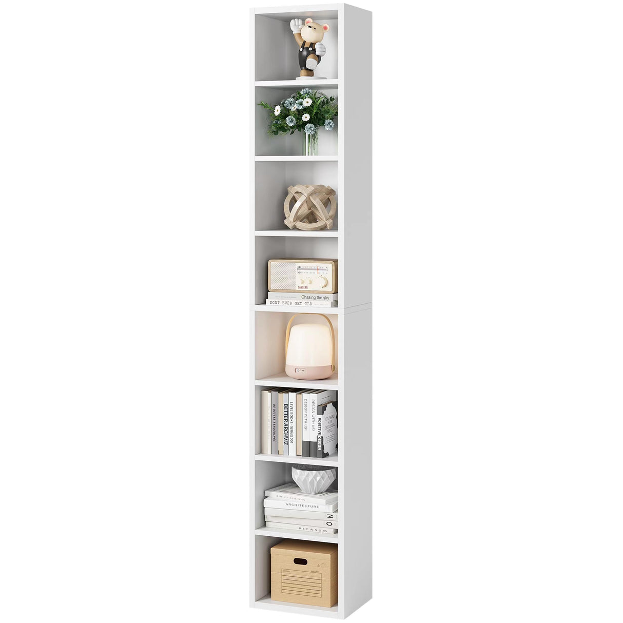 Bamjoy 71 Inches Tall Narrow Bookshelf, 8-Tier CD DVD Slim Media Tower Rack, Corner Bookcase with Adjustable Shelves, Skinny Cubes Bookshelves for Home Office Small Space, White Bamjoy