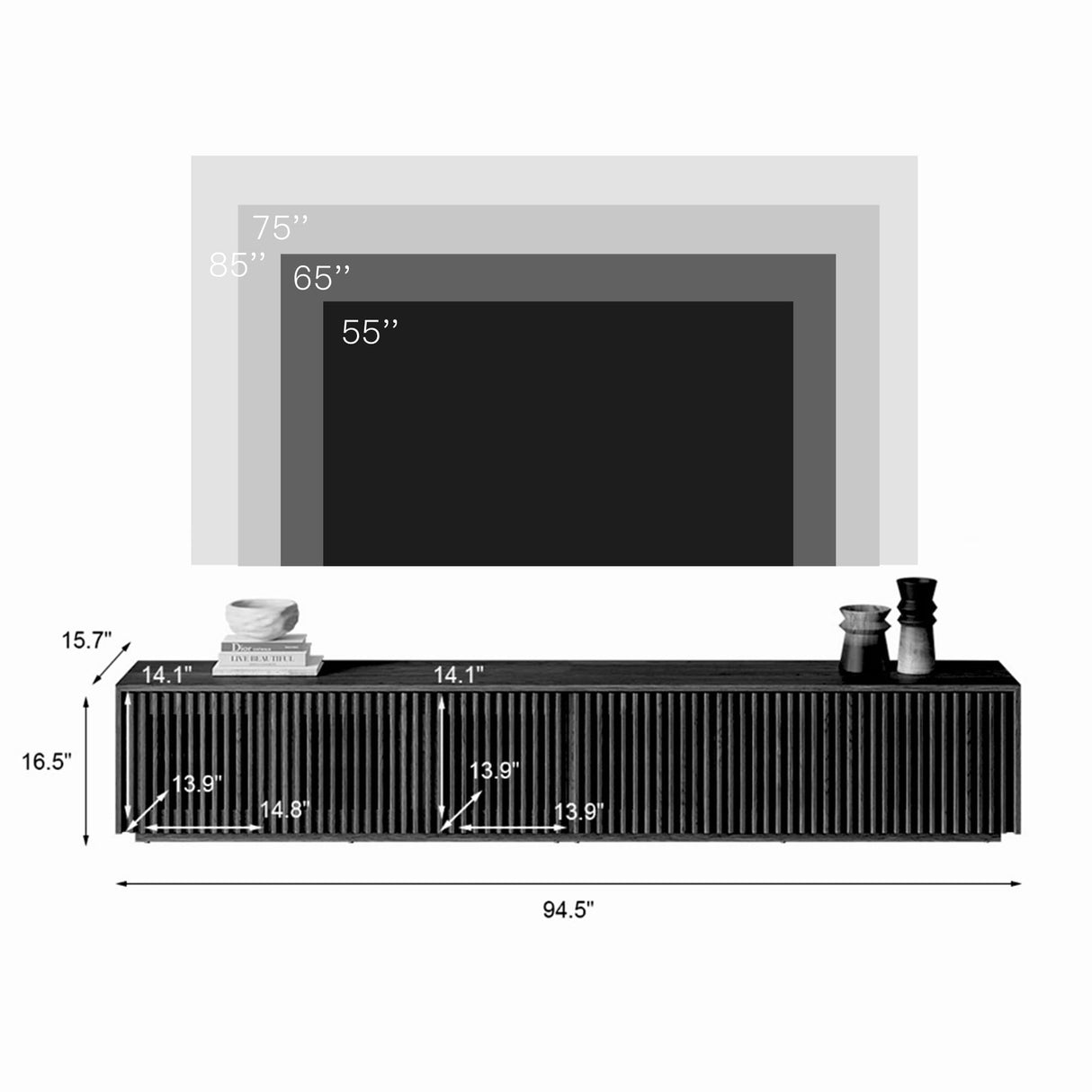 POVISON Modern Solid Wood TV Stand, Black Entertainment Center for 75+ inch TV, 95'' Media Console with Storage for Living Room Bedroom, Farmhouse Low TV Cabinet, Partial Assembly Required POVISON