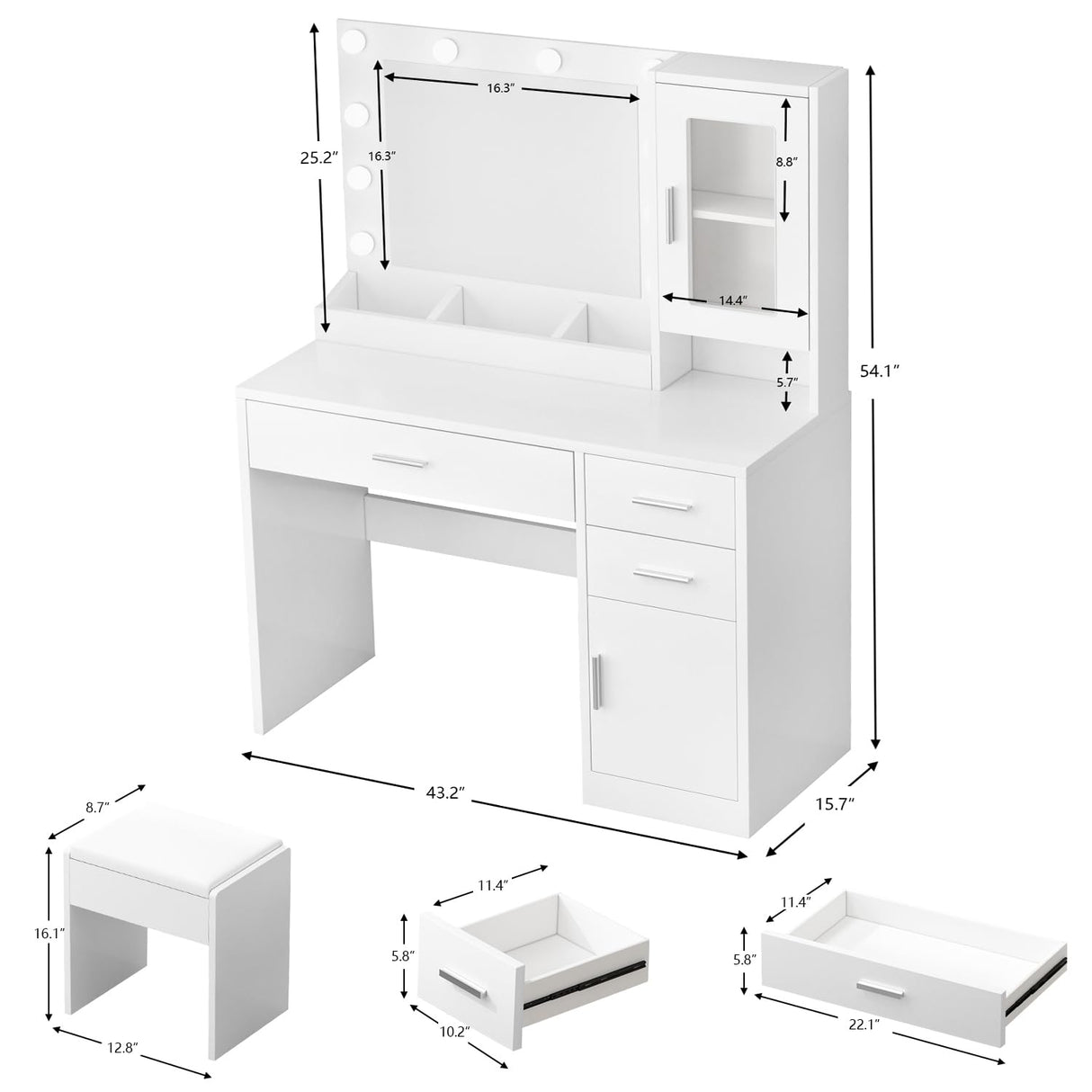 ENDYOE Makeup Vanity Desk Set with LED Lights Mirror Chair, Vanity Table with 7 Storage Shelves and 3 Drawers,3 Lighting Modes Adjustable Brightness Dressing Table for Bedroom,White ENDYOE