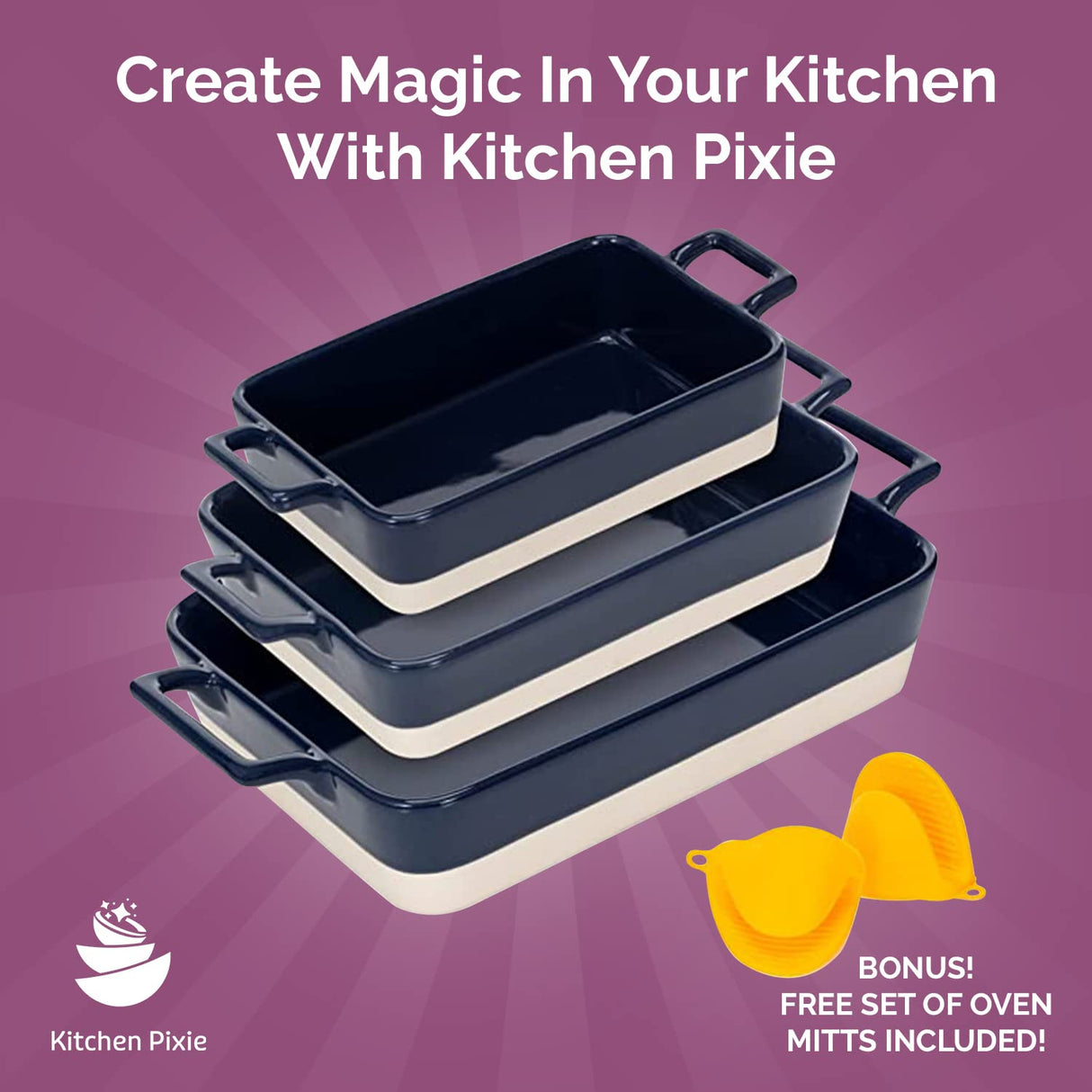 Casserole Dish Set - 3 Ceramic Baking Dishes for Oven with Silicone Oven Mitt - Rectangular Bakeware is Microwave, Freezer and Dishwasher Safe - Cooks Evenly and Saves Space with Nesting Design Kitchen Pixie