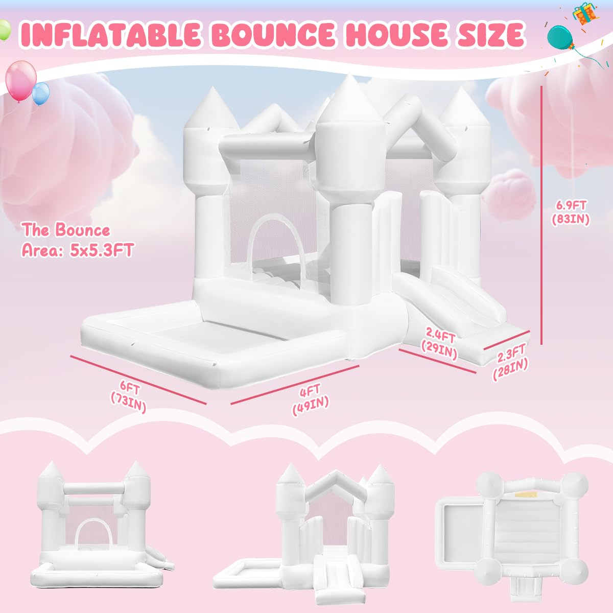 FINCOME Inflatable Bounce House for Kids, White Bounce House with Slide, Jumping Bouncy Castle for Kids Birthday Party, Wedding, Backyard Indoor/Outdoor White (with Blower) FINCOME