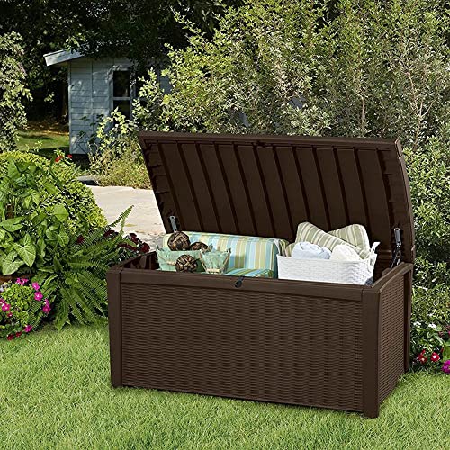 Keter Borneo 110 Gallon Resin Backyard Deck Box, Lockable Patio Storage Bench and Outdoor Poolside Accessory Organizer, Brown Keter