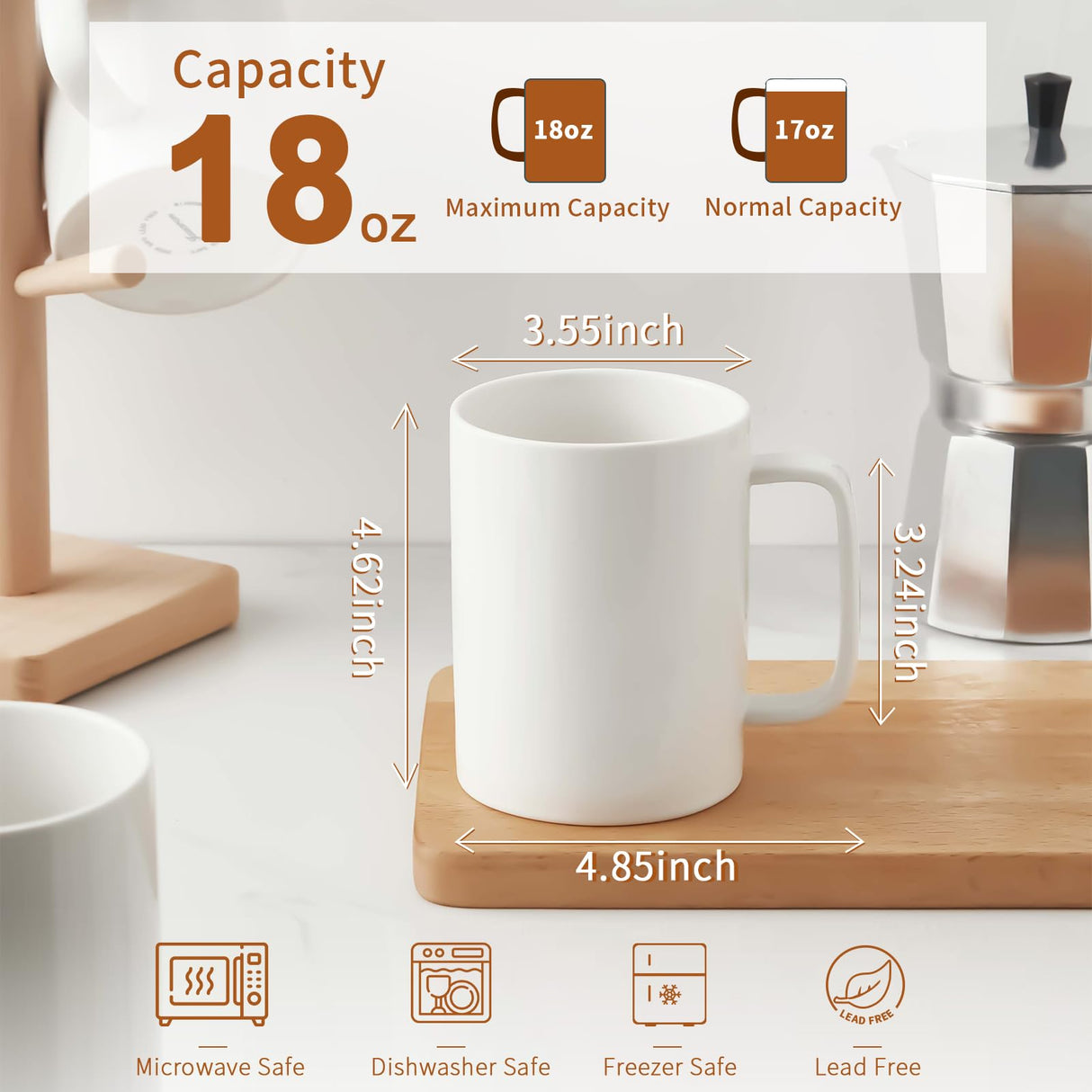 Jassceram Coffee Mugs Set of 6, 18 Ounce Porcelain Mugs for Latte, Hot Tea, Cappuccino, Cocoa and Milk, Ceramic Coffee Cups with Large Handle - Dishwasher & Microwave Safe, White Jassceram