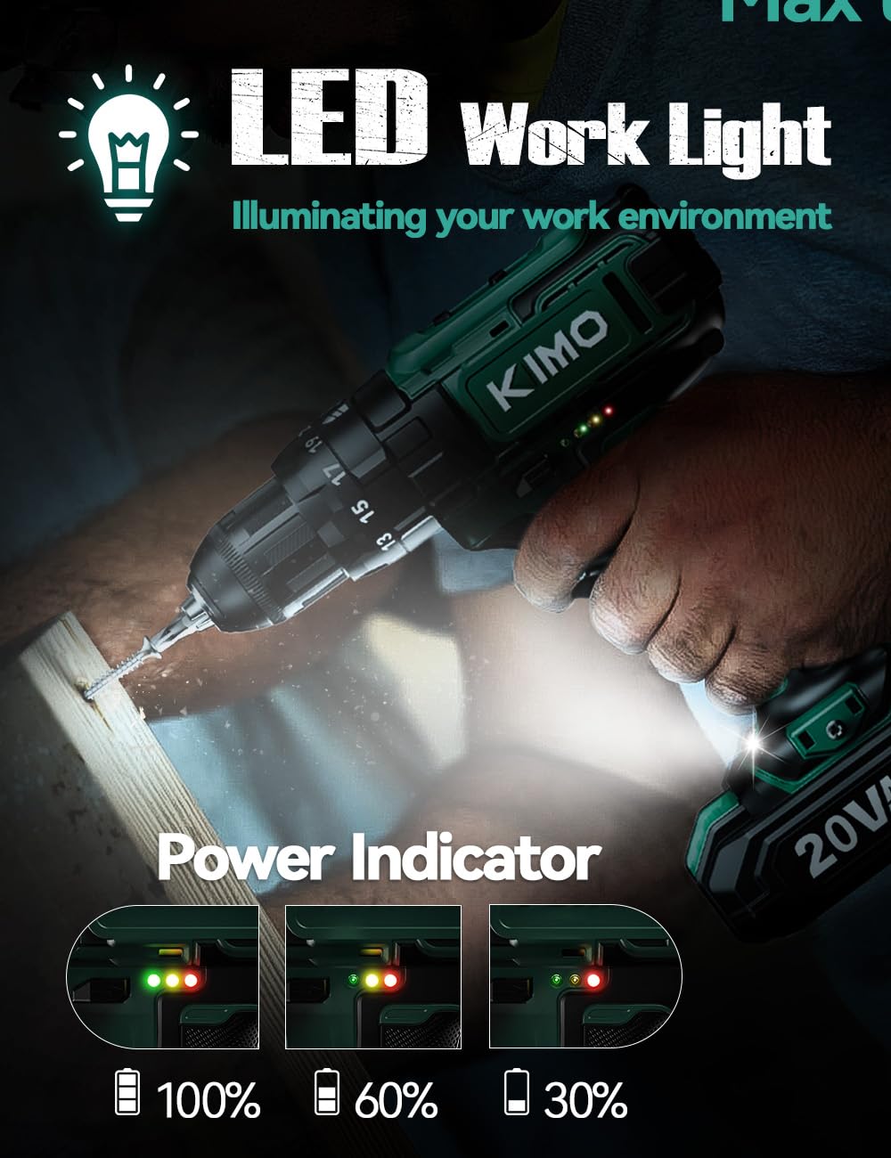 KIMO Hammer Drill - 20V 2X Battery Hammer Drill Cordless Drill Set, 3/8" Keyless Chuck, 350 In-lb Torque, 1350 RPM, 21+3 Position,14pcs Drill/Driver Bits, Power Drill Drivers for Brick Wall Concrete K I M O.