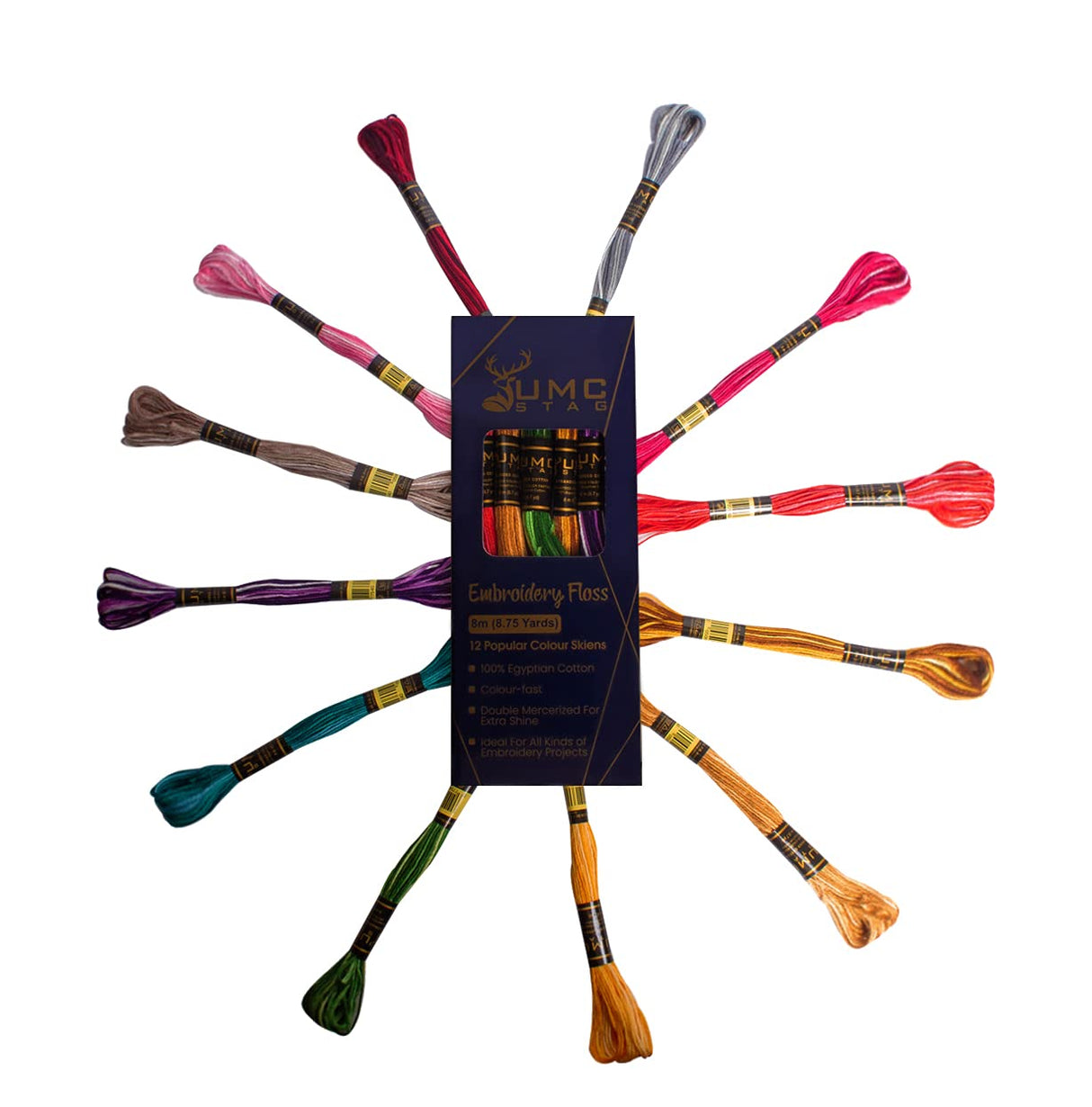 UMC STAG 12 Pieces Variegated Colours Premium Embroidery Thread | 100% Egyptian Cotton Premium Skeins | Cross Stitch Embroidery Floss | Oeko TEX Certified Stranded Cotton | Ideal for Arts & Crafts UMC STAG