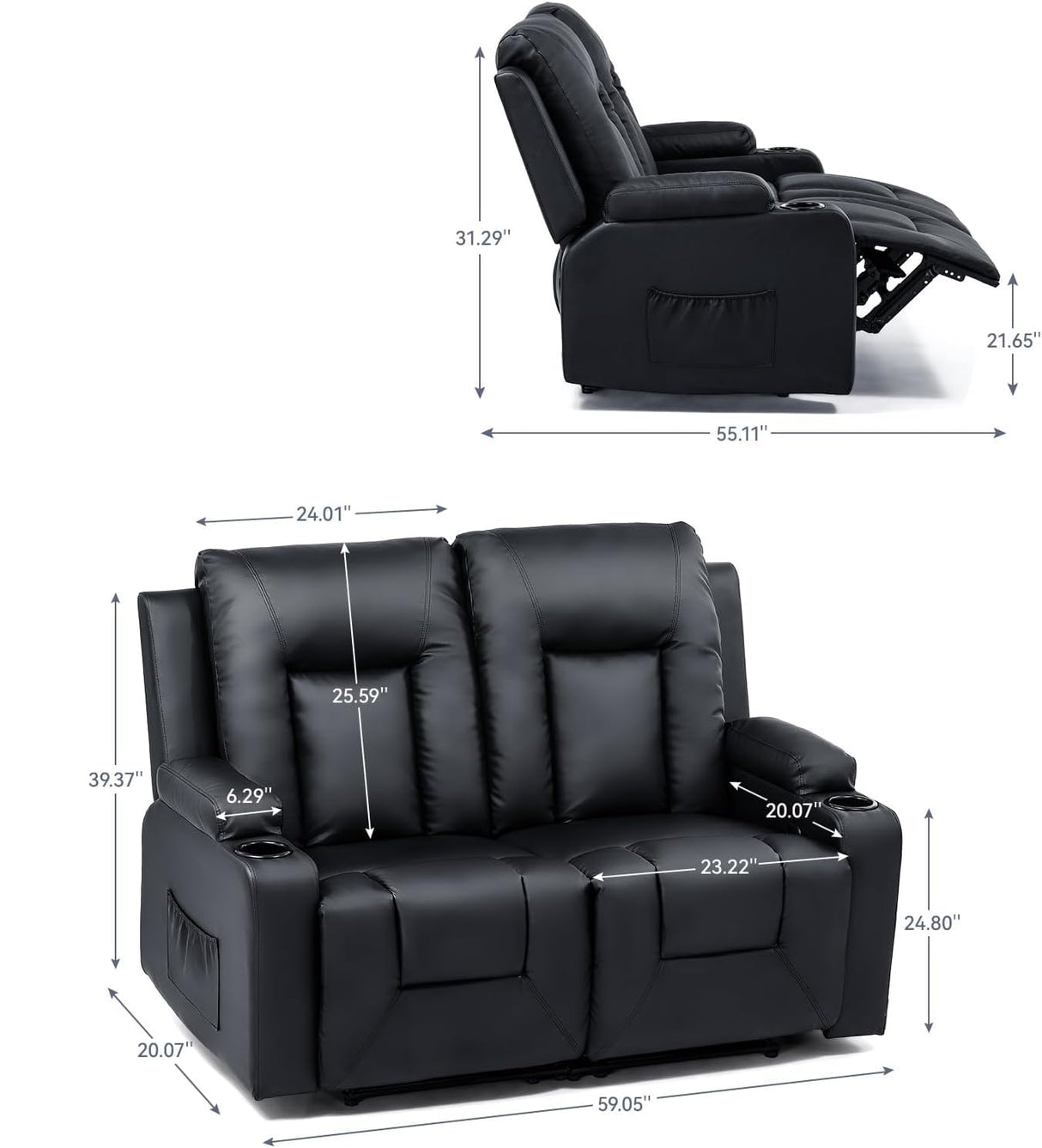 LUCKLIFE Leather Recliner Sofa Set with Manual Recliners,Living Room Furniture Set with Reclining Couch,Loveseat and Armchair,Living Room Chair with Cup Holders,Black (2) LUCKLIFE