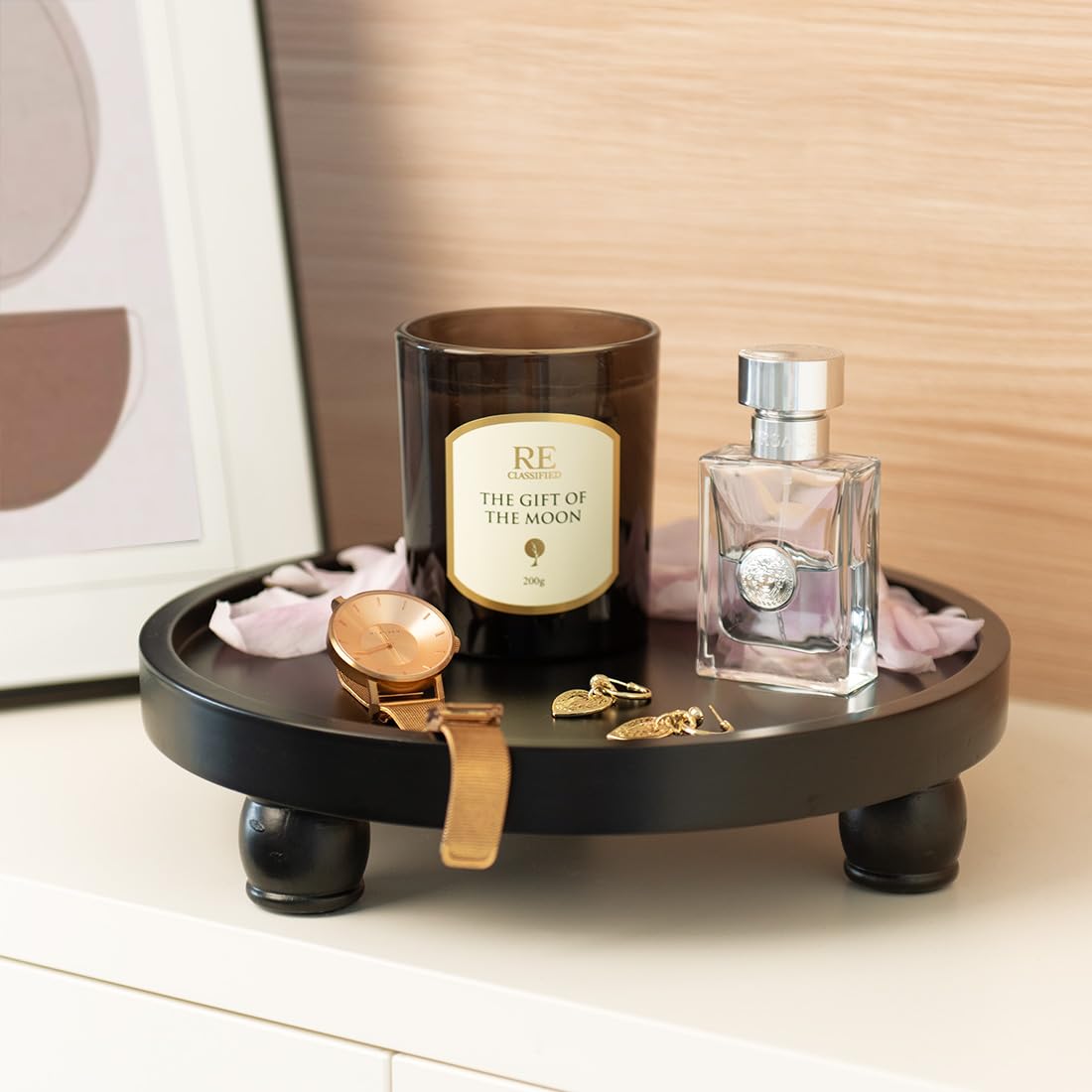 ROSE BLOOM Modern Wood Riser for Display, Farmhouse Pedestal Stand for Bathroom Counter, Kitchen Round Display Tray, Waterproof Organizer for Soap Home Decor (Black) ROSE BLOOM