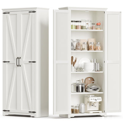 Teekyooly 70" Tall Kitchen Pantry, Farmhouse Storage Cabinet with 2 Barn Doors and 5 Adjustable Shelves, Rustic Wood Cupboard for Kitchen, Dining Room, Bathroom, Off White