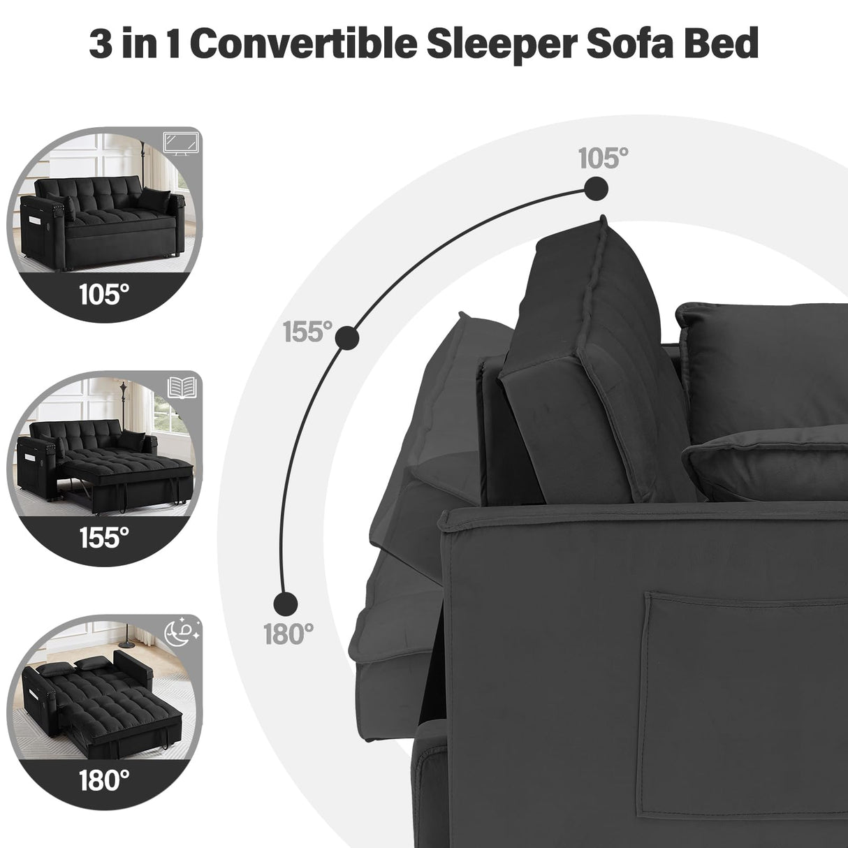 Convertible Sofa Bed,3-in-1 Velvet Sleeper Couch Pull-Out Bed,55'' Loveseat Sleeper Sofa Bed with Adjustable Backrest with 2 Pillows and Storage Bag & USB Port and Hidden Side Computer Table,Black WIIS' IDEA