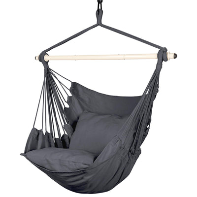 Highwild Hammock Chair Hanging Rope Swing - Max 500 Lbs - 2 Cushions Included - Steel Spreader Bar with Anti-Slip Rings - for Any Indoor or Outdoor Spaces (Grey)