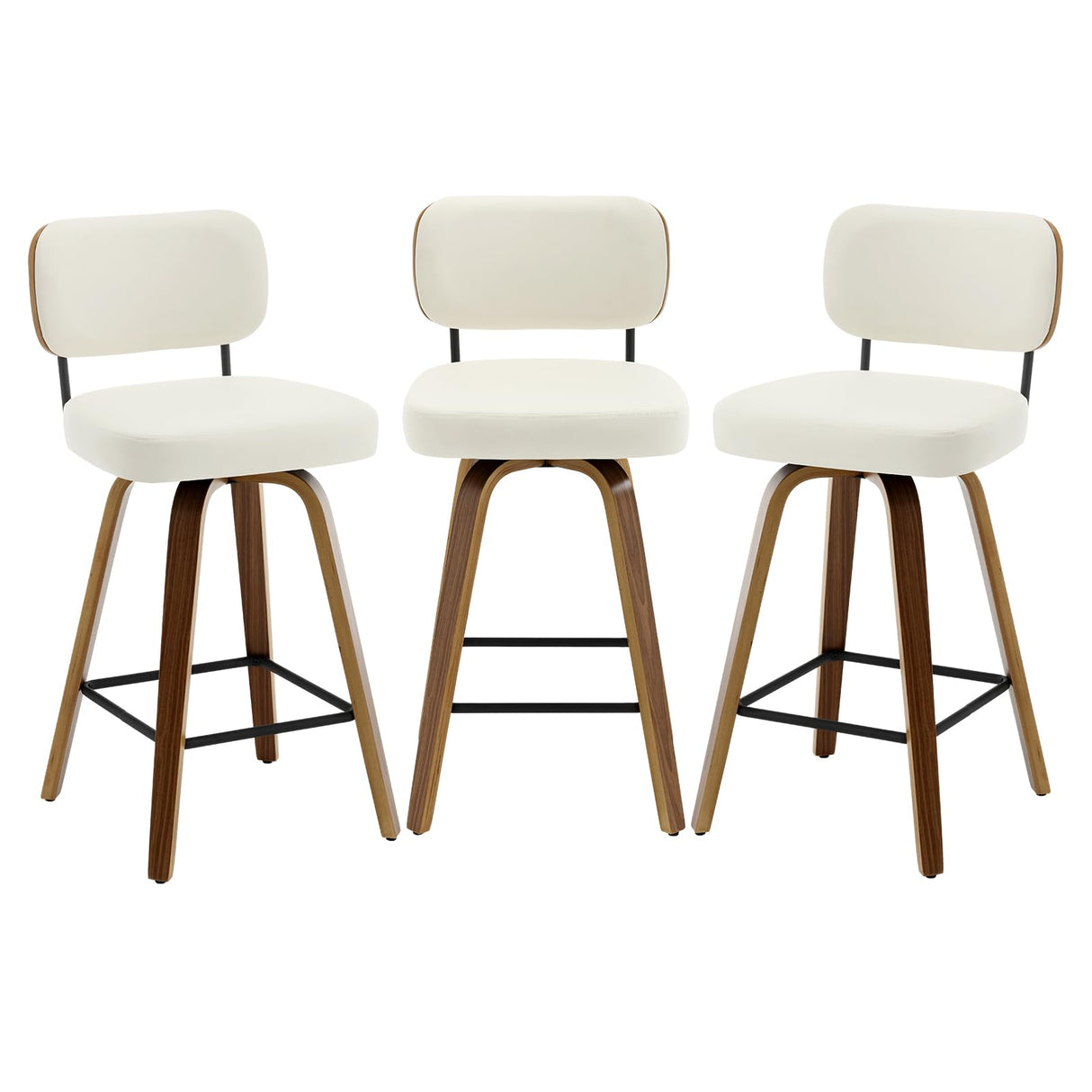Bekrvio Mid Century Modern Swivel Bar Stools Set of 3 - 26" Upholstered Faux Leather with Ergonomic Backrest, Cream White Bekrvio