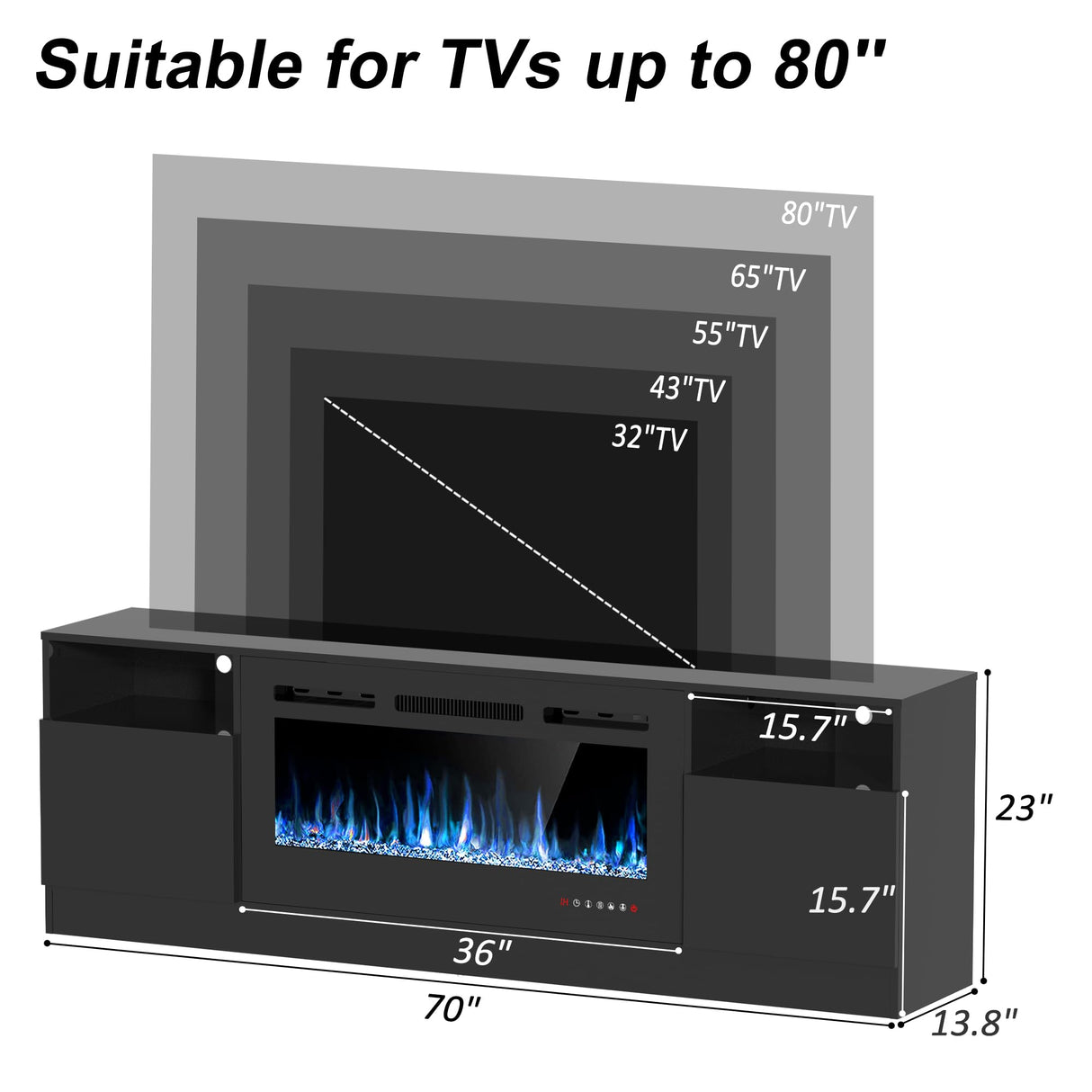 OUTGUAVA Fireplace TV Stand for 80 Inch TV, TV Stand with 36" Fireplace, LED Light Entertainment Center with Storage Cabinets, Media TV Console TV Table for Living Room, Black OUTGUAVA