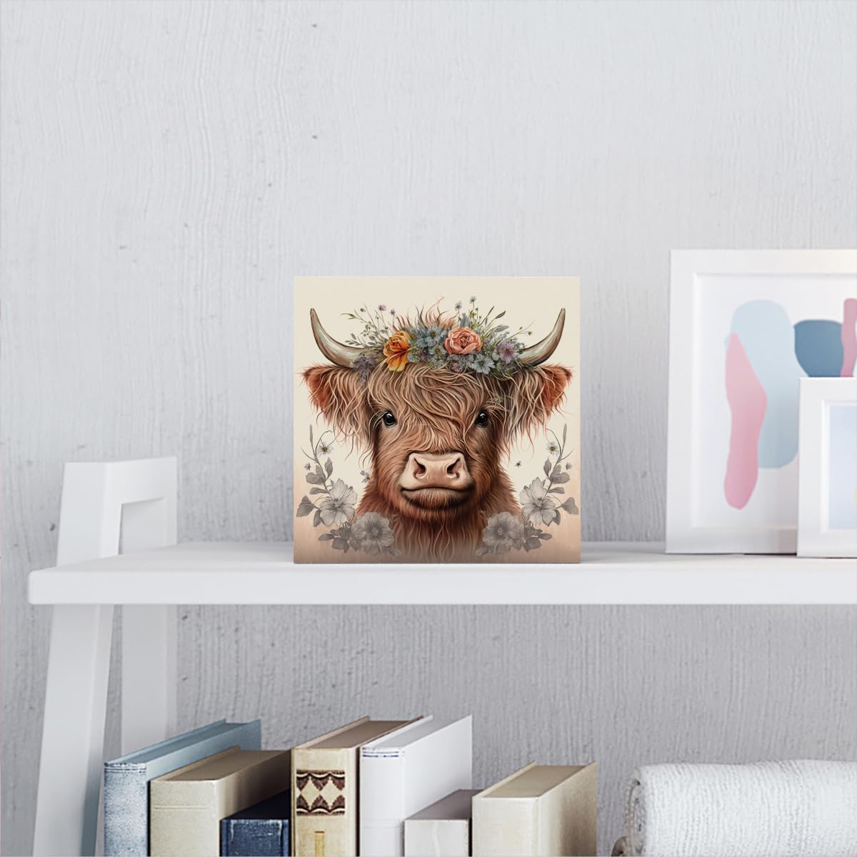 Highland Cow Wooden Box Sign Decor Desk Sign, Baby Highland Cow Nursery Decor, Western Decor, Highland Cow Gifts, Home Office Decor Rustic Farmhouse Square Desk Decor Sign for Shelf Krollma