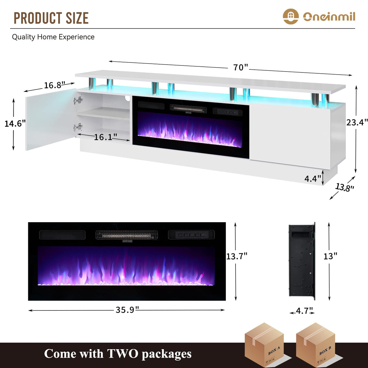 oneinmil Fireplace TV Stand with 36" Electric Fireplace,LED Light Entertainment Center,2 Tier TV Console Stand for TVs Up to 80",Fireplace for The Living Room TV Stand,White oneinmil