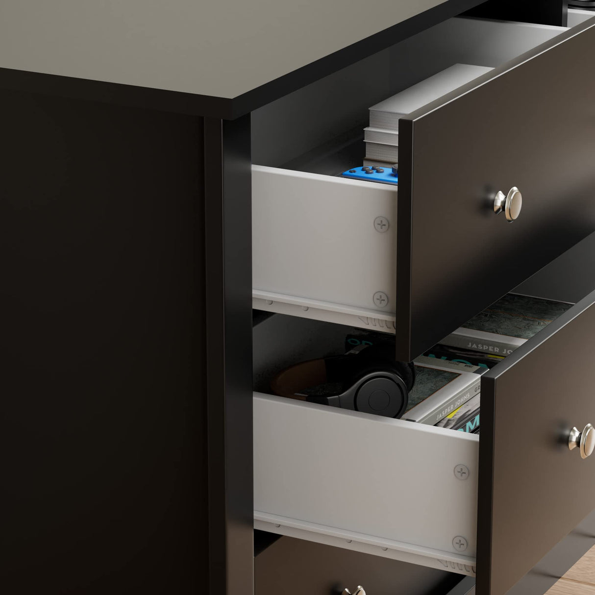 JUMMICO 6 Drawer Double Dresser for Bedroom, Industrial Wood Dresser Modern 6 Chest of Deep Drawers, Wide Storage Organizer Cabinet for Living Room (Black) JUMMICO