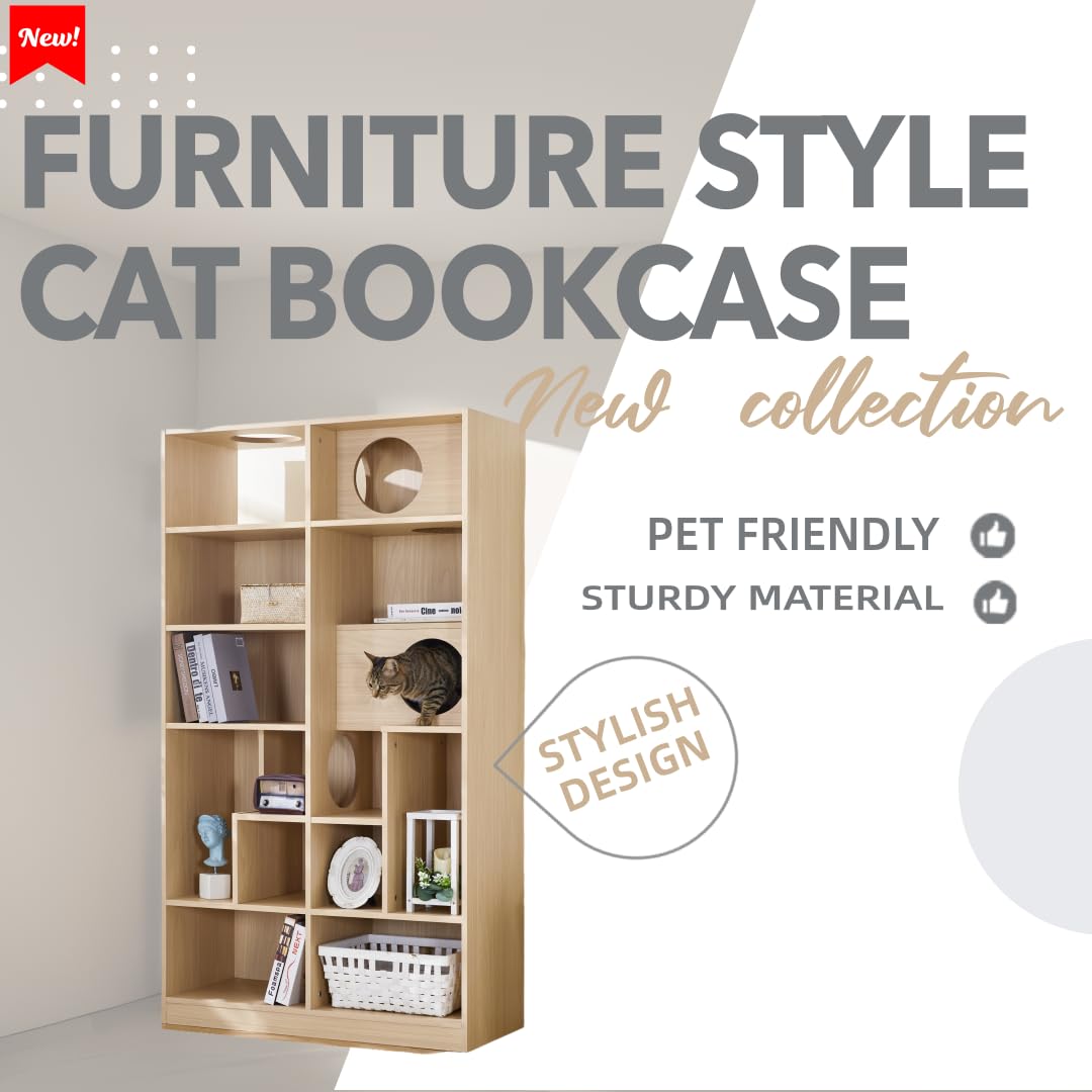 EMOBACO Bookcase Wooden Cat Tree, Natural Bookshelf Indoor Cat House Pet Furniture, Display Case with Storage, Cat Litter Box Enclosure Climbing Shelf EMOBACO