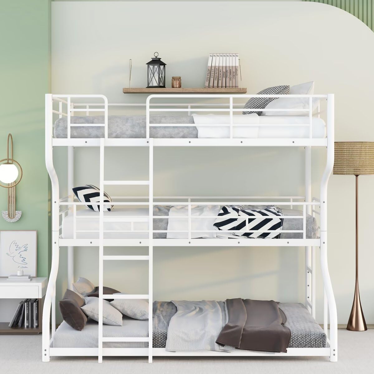 JIJIWANG Full XL Over Twin XL Over Queen Size Triple Bunk Bed with Long and Short Ladder, Unique Curved Metal Frame with Safety Guardrail, Industrial Style Triple Bunk Bed Frame, White JIJIWANG