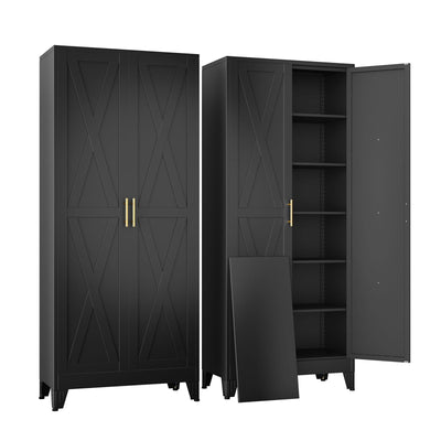 75" Tall Metal Kitchen Pantry Storage Cabinet with 2 Doors and 5 Adjustable Shelves, White Food Freestanding Cupboard for Kitchen, Dining Room, Bathroom and Garage (Black)