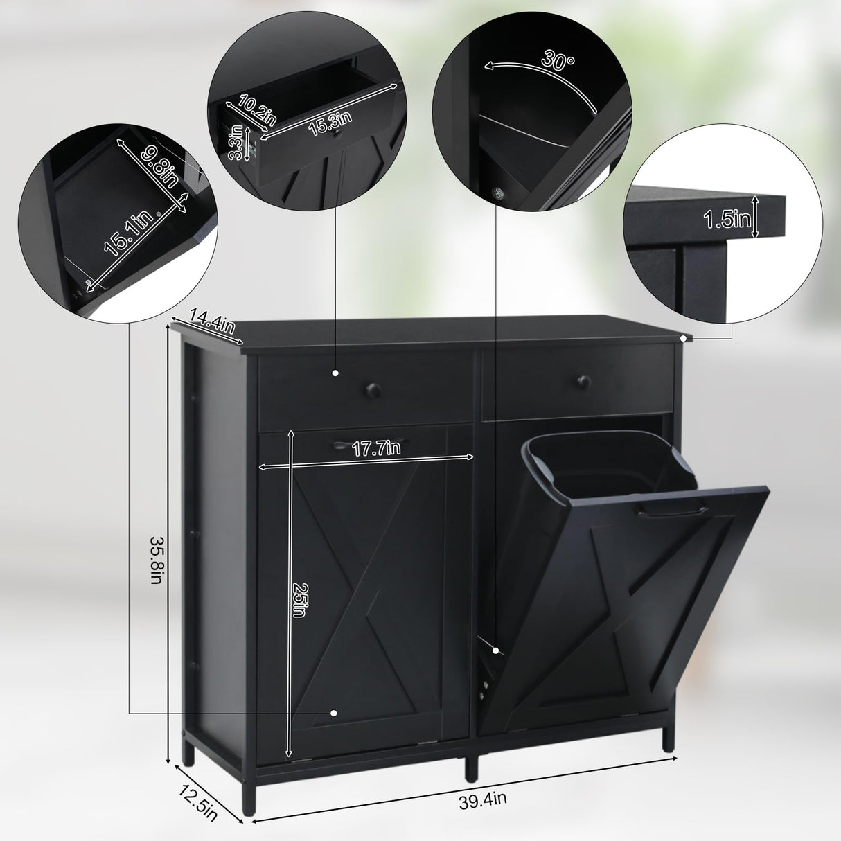 MAMIZO Double Tilt Out Trash Cabinet 10 Gallon*2,Kitchen Garbage Cabinet,Pet-Proof Standing Hidden Dual Laundry Sorter,W/Hideaway Drawer,for Kitchen,Living,Dining Room (Black) MAMIZO