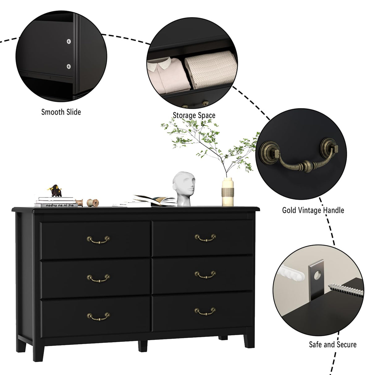 HOUROM Black Dresser for Bedroom, Modern Farmhouse Style 6 Drawer Double Dresser with Vintage Gold Antique Pulls, Dresser and Chest of Drawers, Hallway 6 Drawer Dresser, Antique Black HOUROM