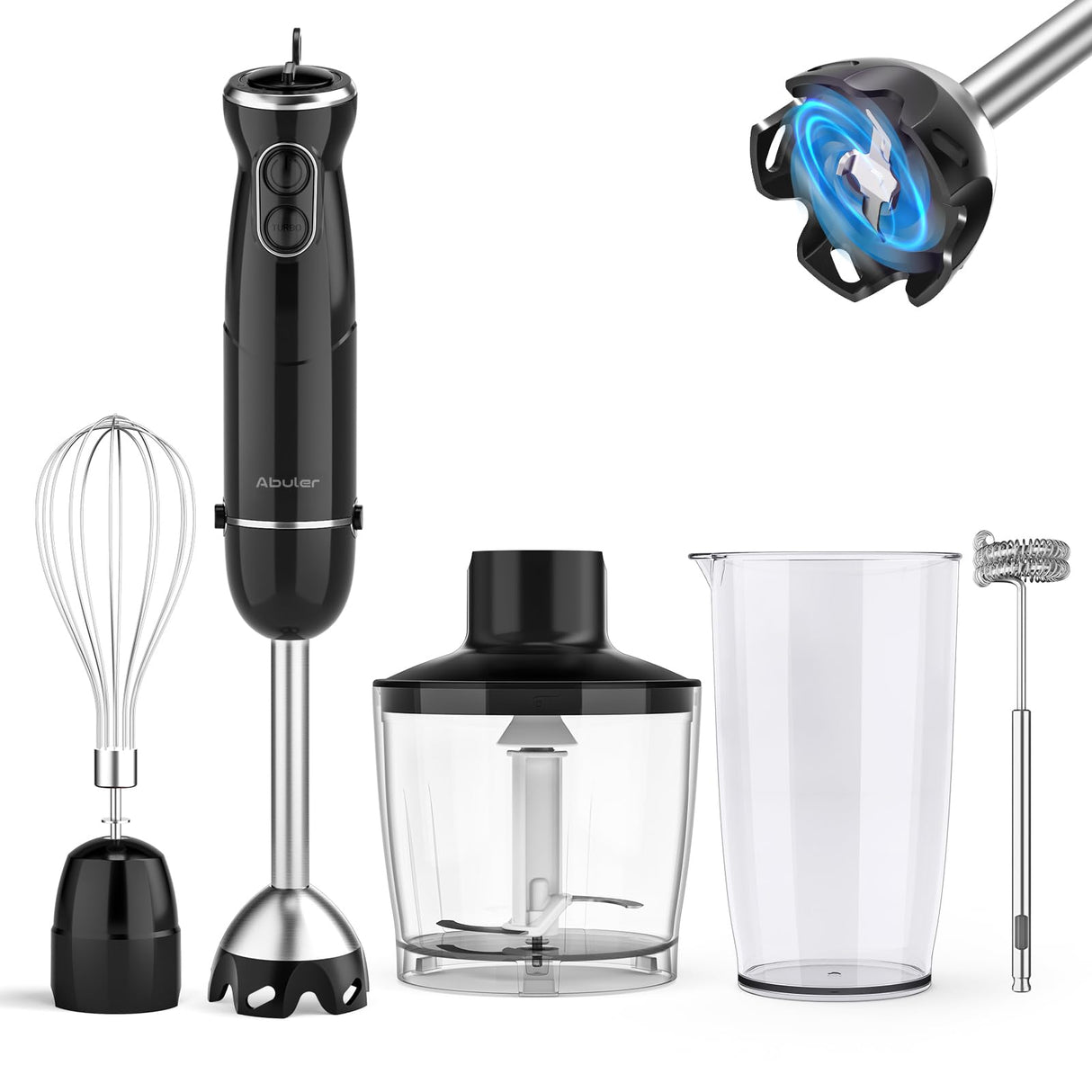 Immersion Blender Handheld, 1000W Scratch Resistant Hand Blender, Abuler 5 in 1 Emulsifier Blender Mixer, BPA-Free 12 Speed Stick Blender, Beaker, Chopper, Whisk, Frother, for Soup, Sauce (Black) Abuler