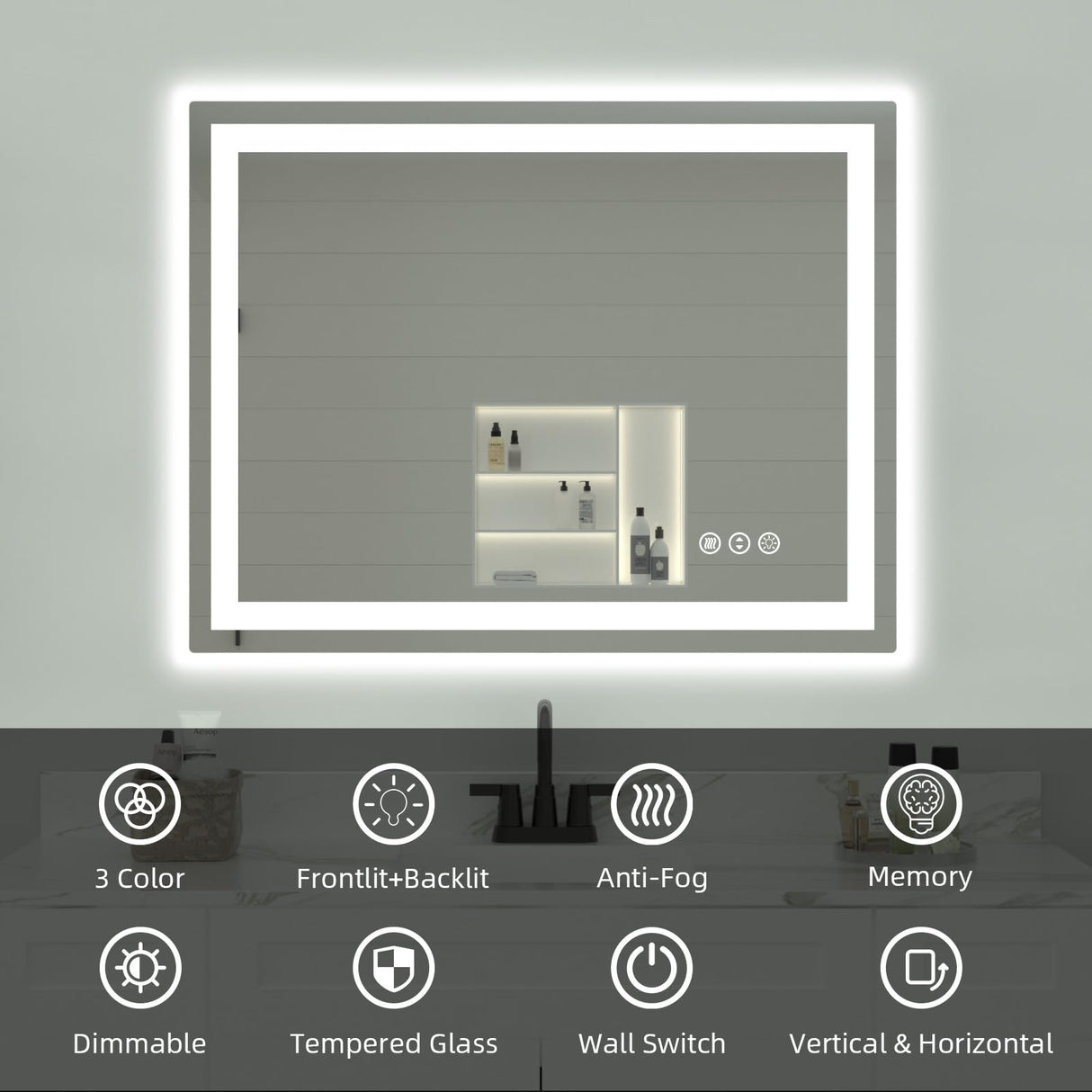 miskerm 40"x 32" LED Bathroom Mirror with Lights, Double Lights Dimmable, Anti-Fog, Front and Backlit LED Mirror for Bathroom, Lighted Bathroom Vanity Mirror with Tempered Glass (Horizontal/Vertical) miskerm