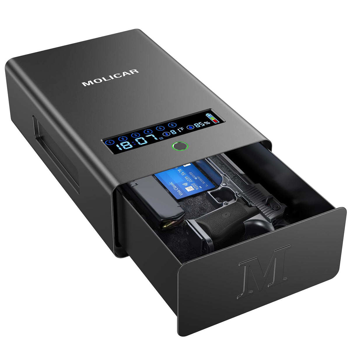MOLICAR Gun Safe for Handgun, Alarm Clock Biometric Pistol Safe Fingerprint Handgun Safe with Touchscreen Keypad LCD of Temp, Humidity, 3 Ways Quick Access Slide Away Bedside Gun Safe for Nightstand MOLICAR