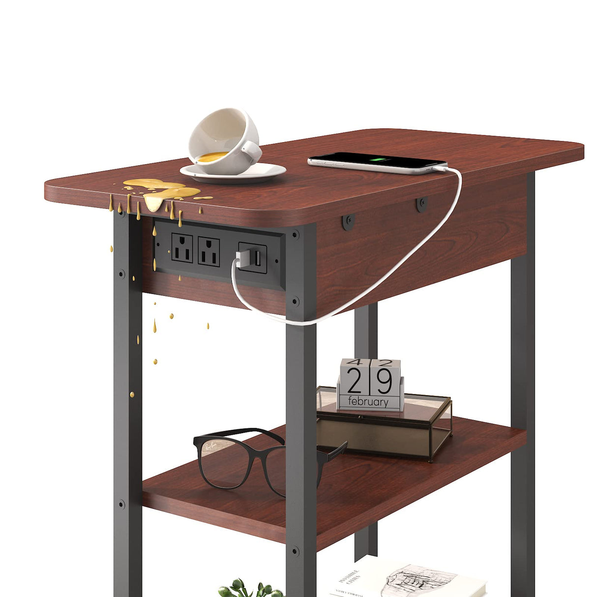 LIDYUK End Table with Charging Station, Flip Top Side Table with USB Ports and Outlets, Nightstand for Small Spaces, Bedside Tables with Storage Shelf for Living Room, Bedroom, Dark Cherry LIDYUK