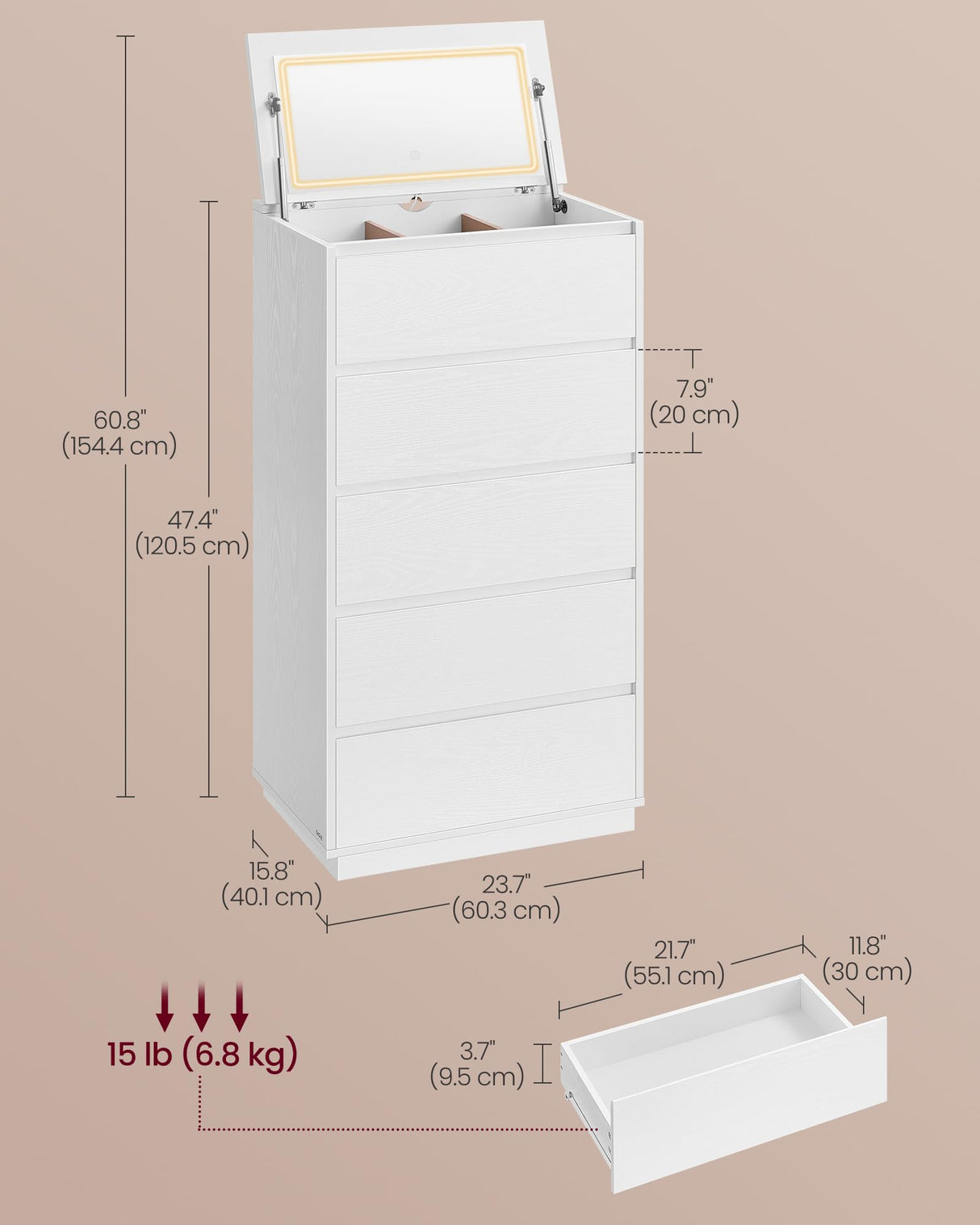 VASAGLE 5-Drawer Dresser with Mirror and Lights for Bedroom, Chest of Drawers, Storage Tower Unit, for Closet, Living Room, Entryway, Modern Minimalist Style, Snow White ULTS615W01 VASAGLE