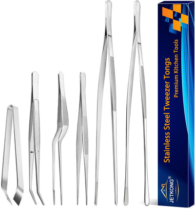 JETKONG 6 Pcs Cooking Tweezer Tongs, 12'' and 6.3" Stainless Steel Kitchen Tweezer Set, Professional Chef Tweezers for Cooking, Repairing, Sea Food, BBQ, Multi-use