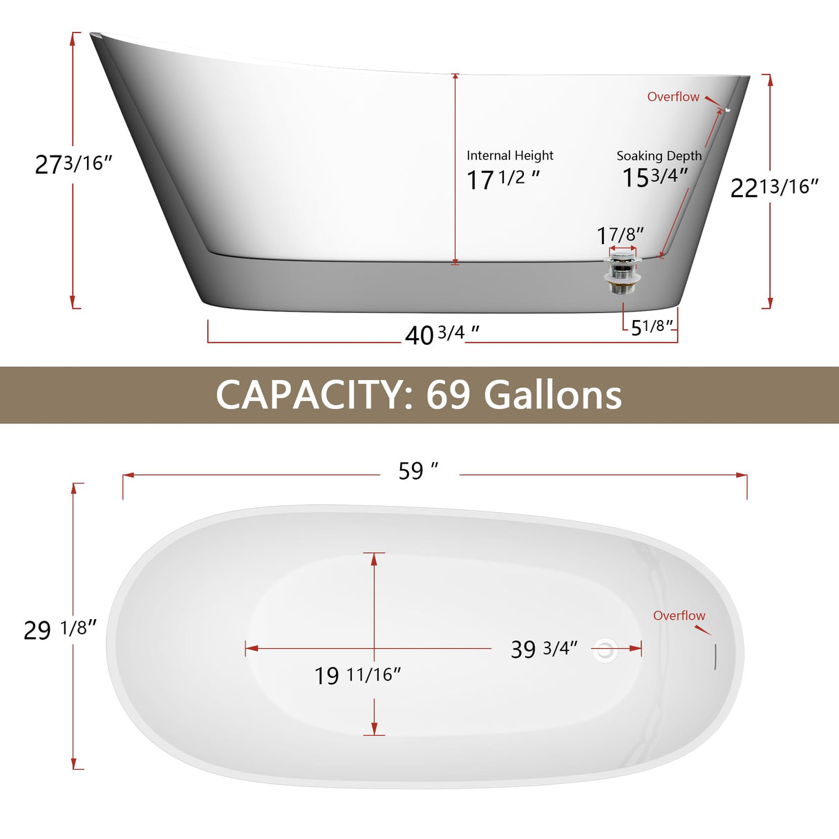 GETPRO Free Standing Tub 59" Acrylic Freestanding Bathtub, Adjustable Soaking Bath Tub Oval Shape with Integrated Slotted Overflow and Chrome Anti-clogging Drain Glossy White GETPRO