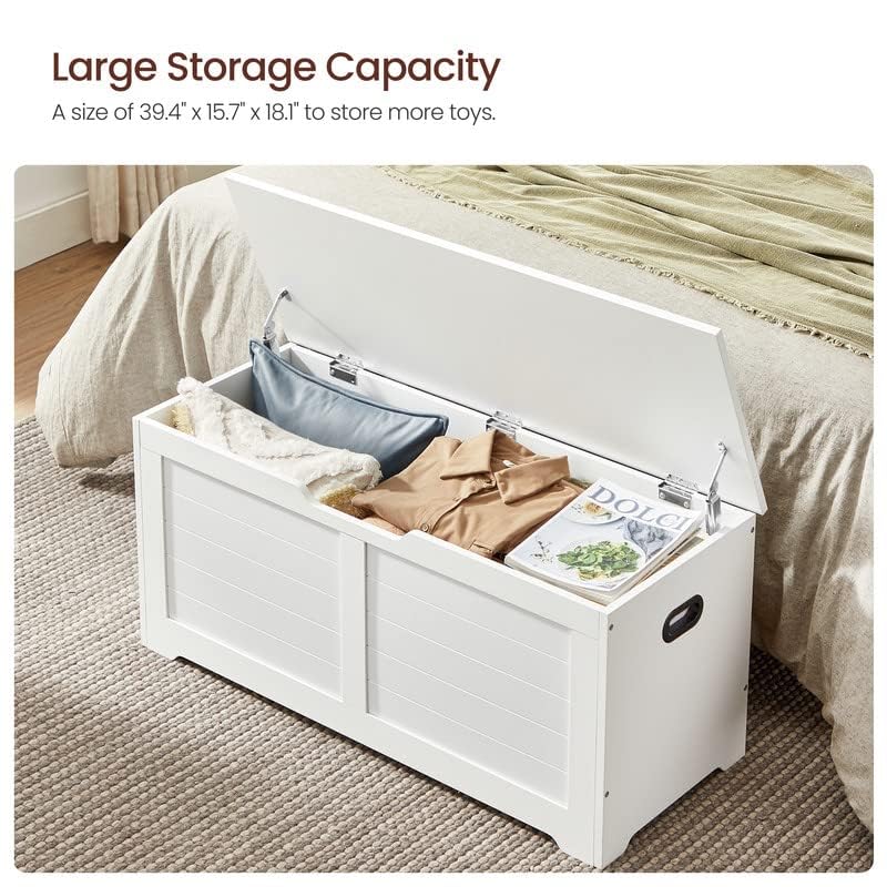 VASAGLE Storage Chest, Storage Trunk with 2 Safety Hinges, Storage Bench, Shoe Bench, Modern Style, 15.7 x 39.4 x 18.1 Inches, for Entryway, Bedroom, Living Room, White ULSB061T10 VASAGLE