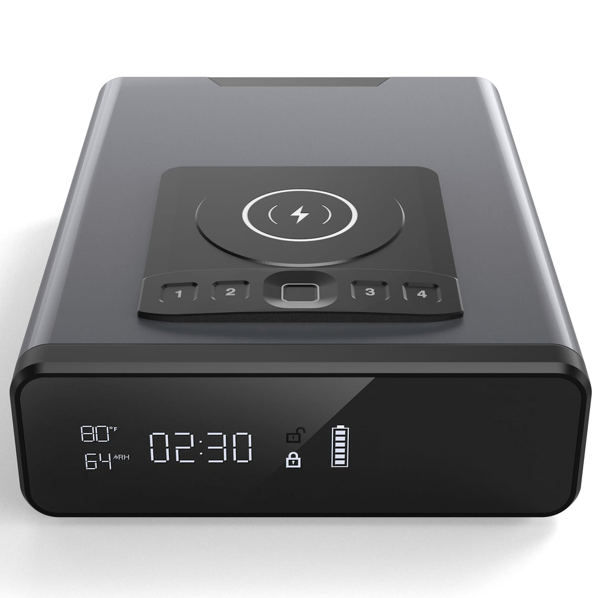 Grimtron Biometric Gun Safe for Handgun, Smart Clock Safe with 2-in-1 Watch & Phone Wireless Charging, Bedside Pistol Safe with Backlit Keypad, Nightstand Handgun Safe with LED Light Grimtron