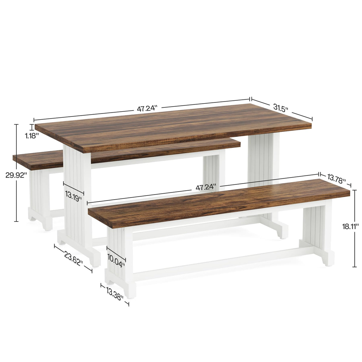 Tribesigns 47" Dining Table Set for 4, 3-Piece Kitchen Room Table with 2 Benches, Farmhouse Wood Dinner Furniture for Small Space, Home Living Room, White & Rustic Brown Tribesigns