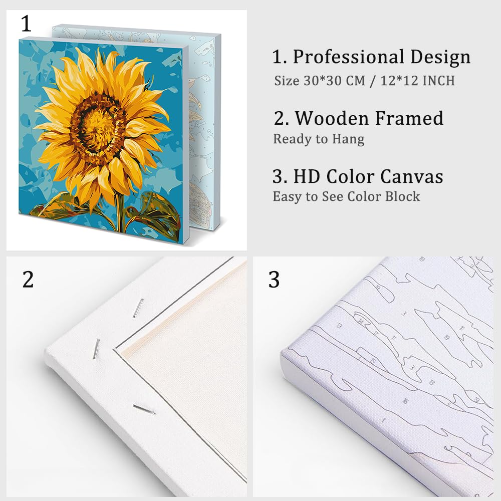 Natuyalo Sunflower Framed Paint by Numbers Kit for Adults - Paint by Number on Canvas with Frame, Flowers DIY Acrylic Painting for Home Wall Decor 12x12 Inch Natuyalo